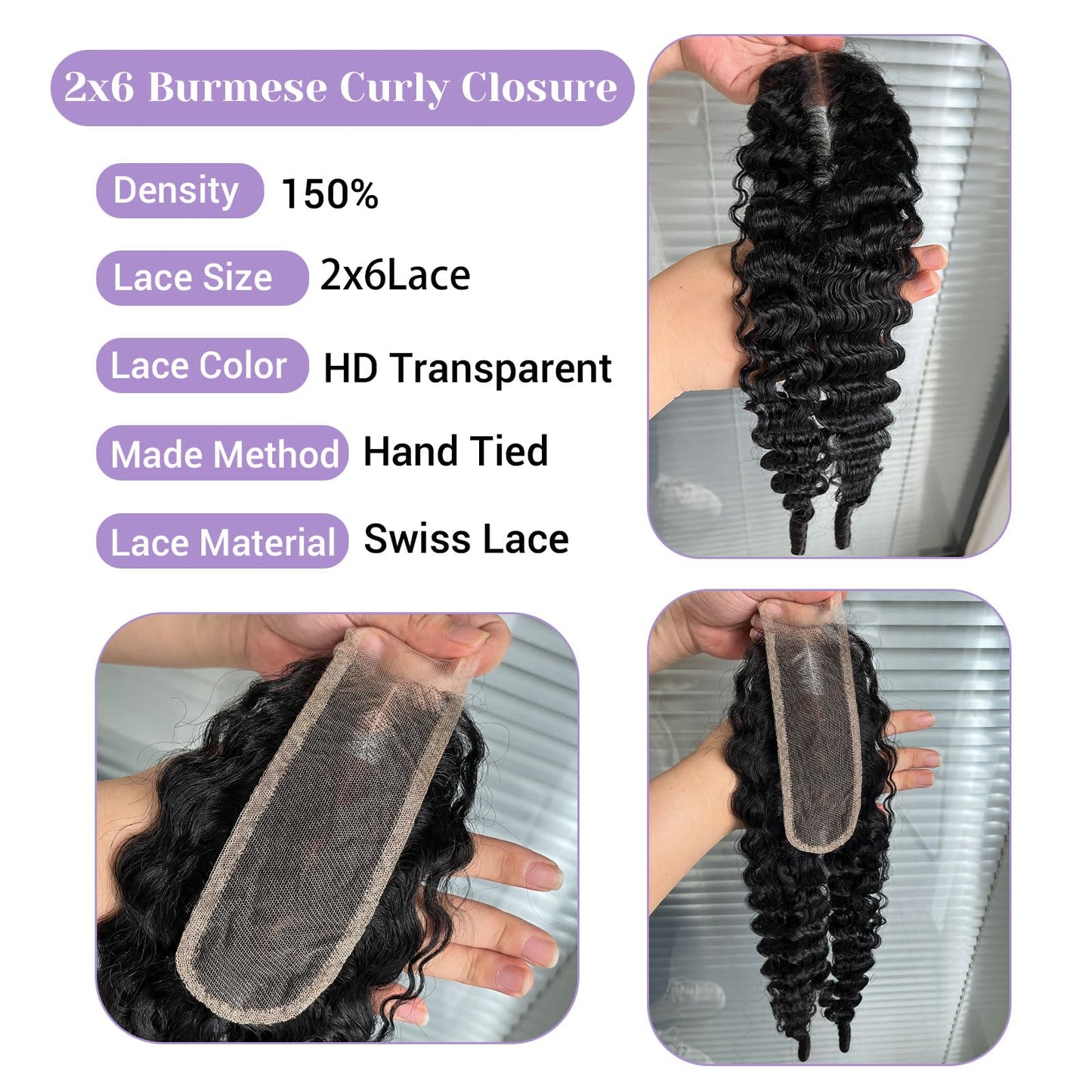 DSEKCAIN 2x6 Burmese Curly Closure 100% Real Human Hair Water Wave 2x6 Transparent HD Lace Closure Natural Black 1B Color 14 Inch