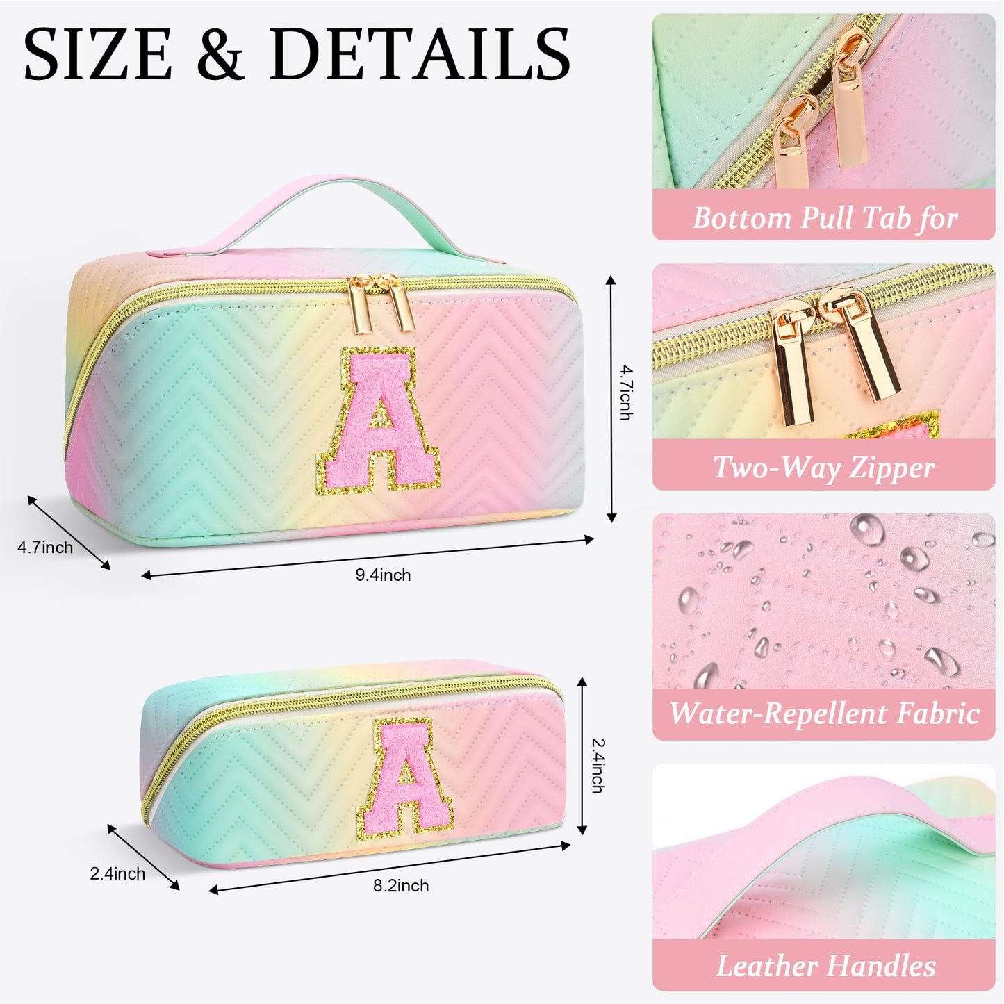 Personalized Initial Travel Makeup Bag | Trendy Girls Make up bags, Large Capacity Colorful Cosmetic Bag Organizer for Women, Leather Waterproof Open Flat Toiletry Bags for Teen friends Gifts - E