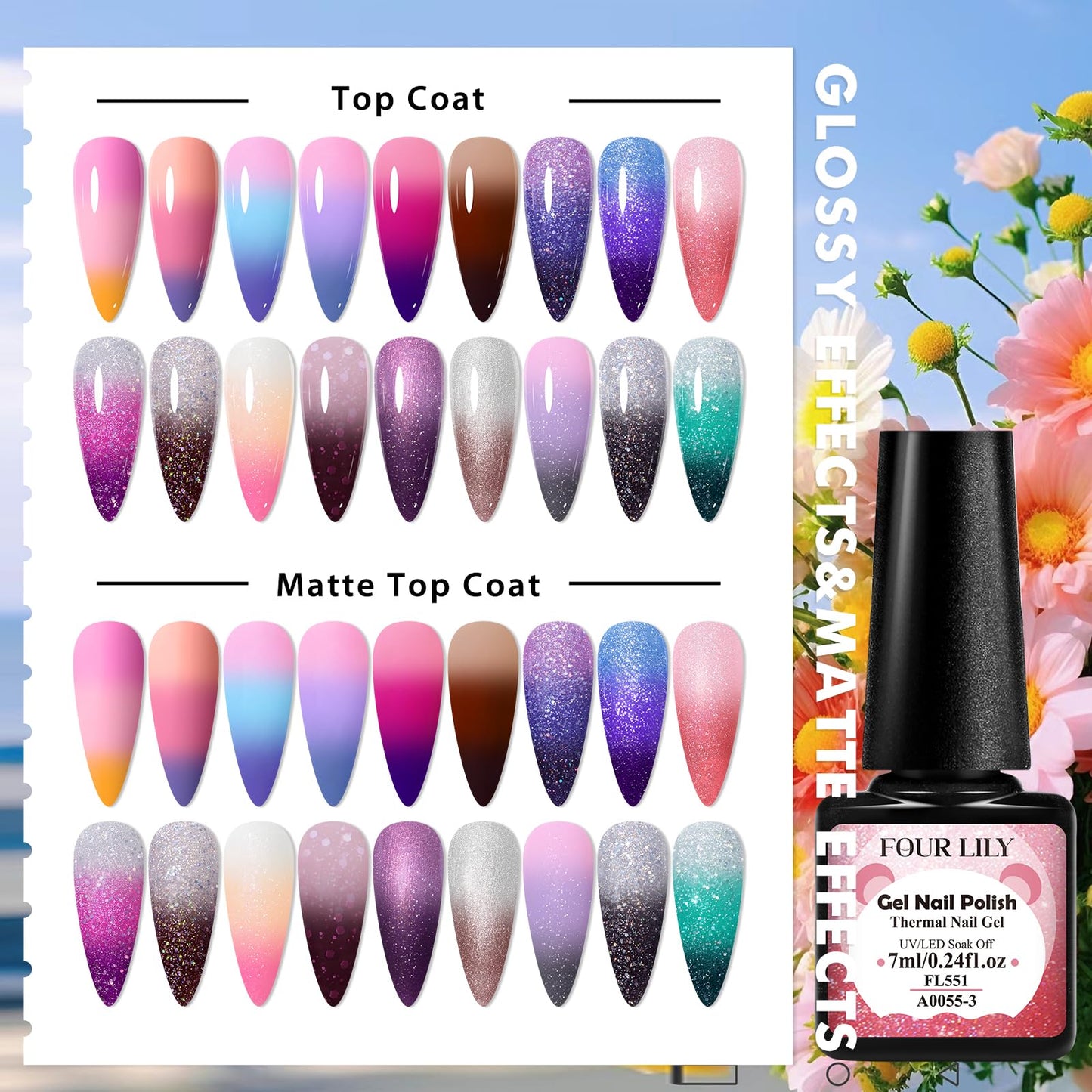 Four Lily Color Changing Gel Nail Polish Set, 18 Temperature Mood Changing Colors Red Pink Purple, Soak Off UV Light Cure Gel Polish for Salon and Nail Art DIY at Home