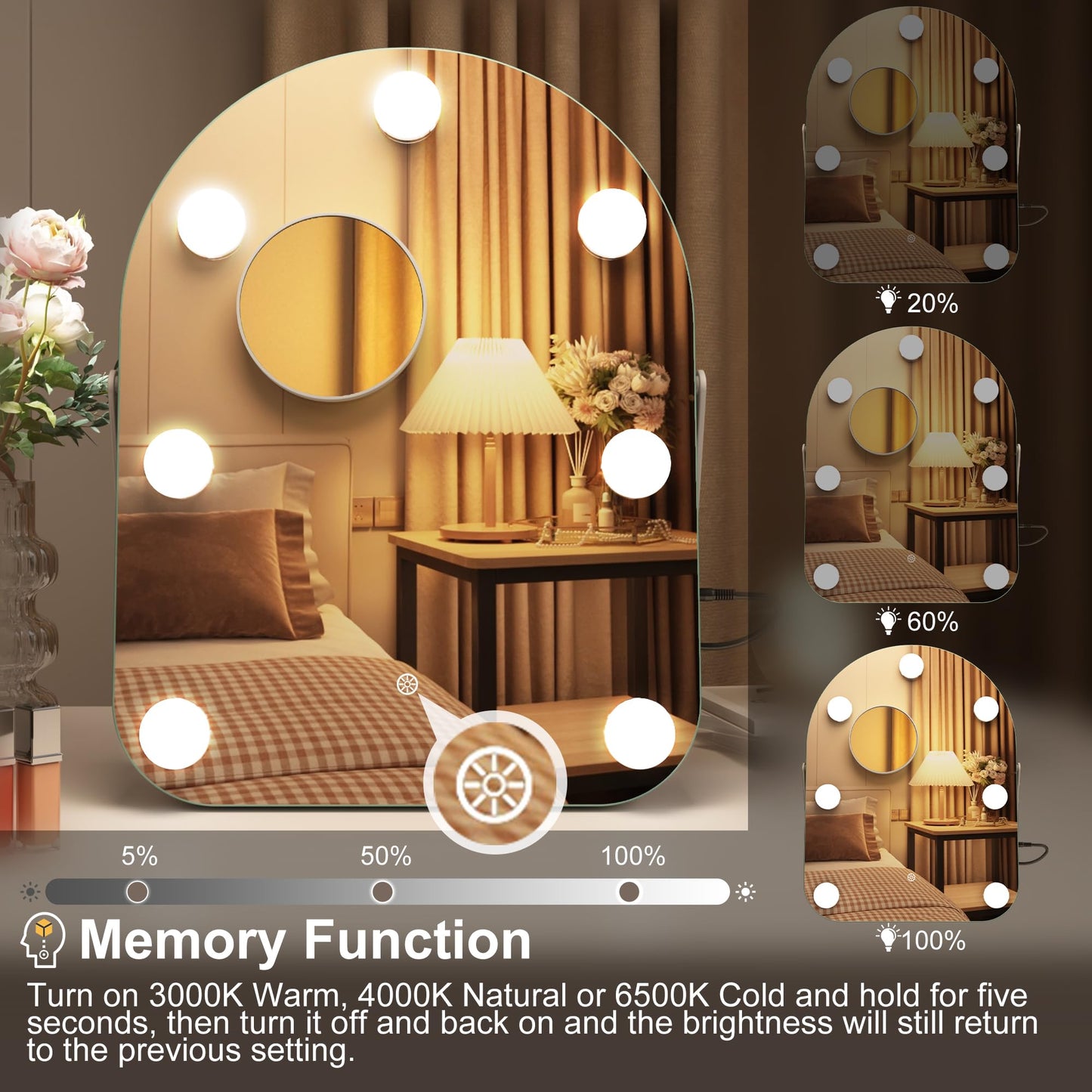 STARLEAD 11"× 14" Makeup Mirror with Lights and 10X Magnification, 3-Color Dimmable LED Lighting & Touch Control, 360°Rotation for Travel/Dressing Room, Arched