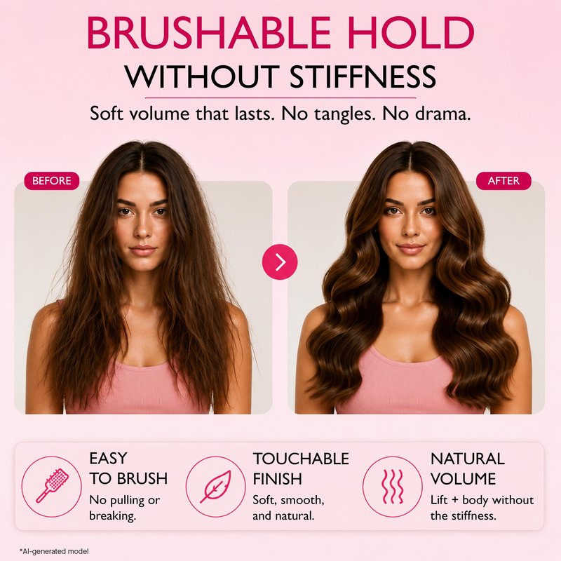 12 Benefits Flexible Hold Hairspray – Brushable, Buildable Volume Spray, Lightweight No Crunch Finish, Humidity Resistant Long Lasting Hair Spray for Natural Movement