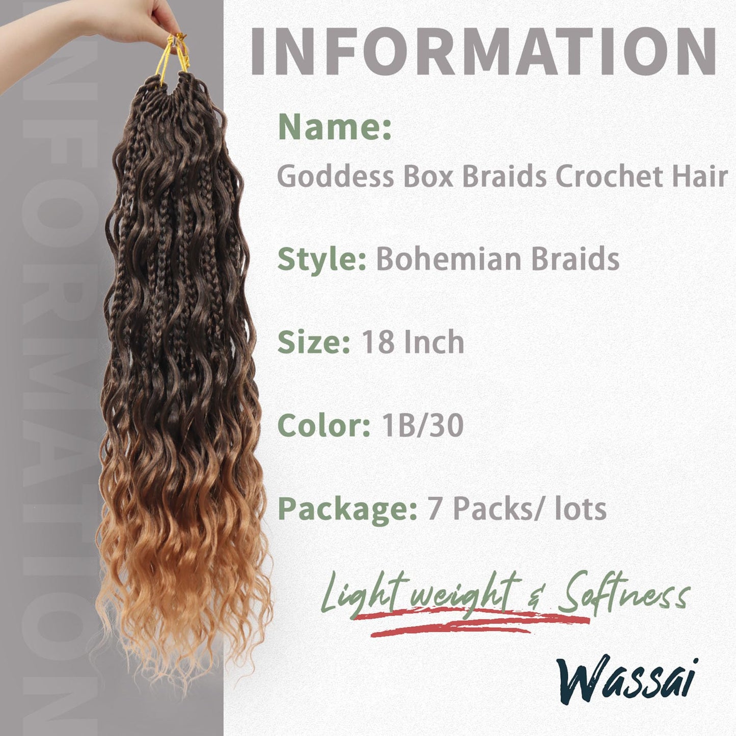 18 Inch 7 Pack Goddess Box Braids Bohemian Crochet Boho Box Braids With Curly Ends Pre-looped Crochet Braids Hair for Women Synthetic Braiding Hair Extensions,1B/530/350