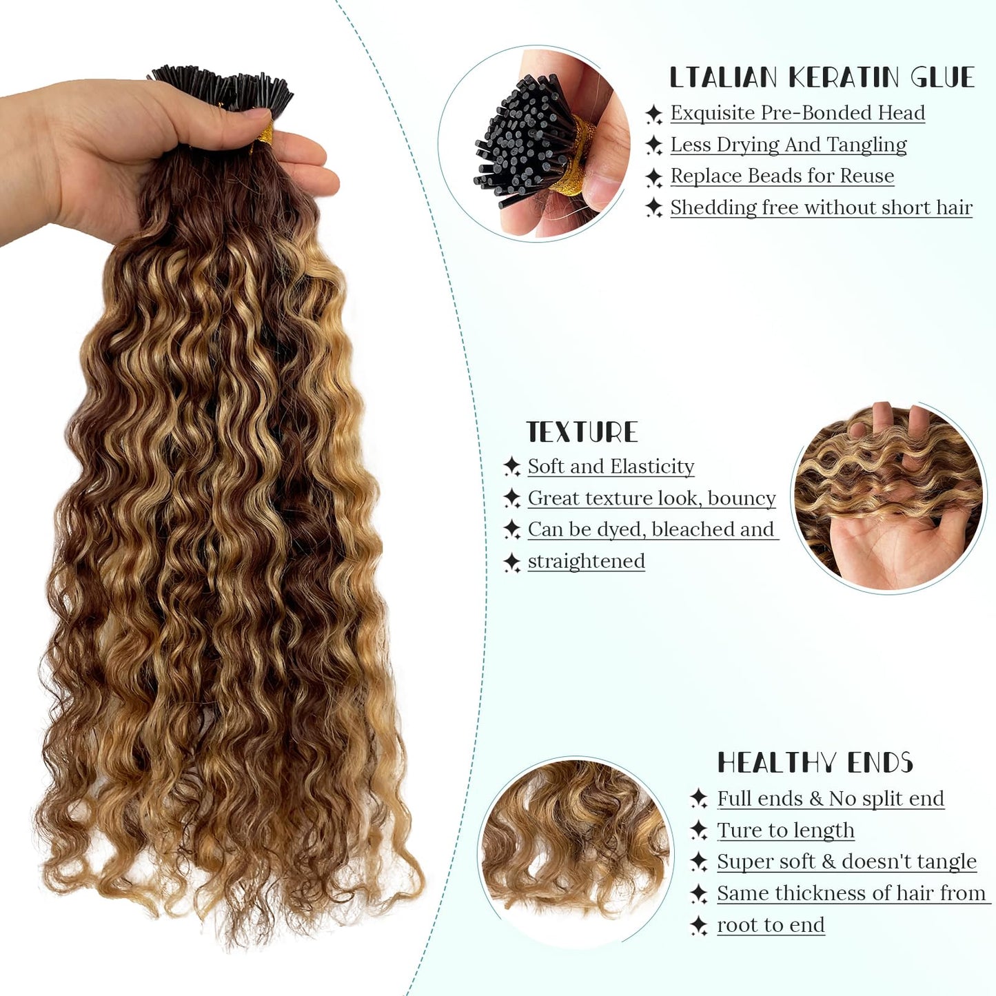I Tip Human Hair Extensions 14inch 100 Strand 50G, Water Wave I Tips Hair Extensions Real Human Hair for Women Ombre Blonde Extensions I Tips Camel Brown Microlinks Cold Fusion I Tip Human Hair