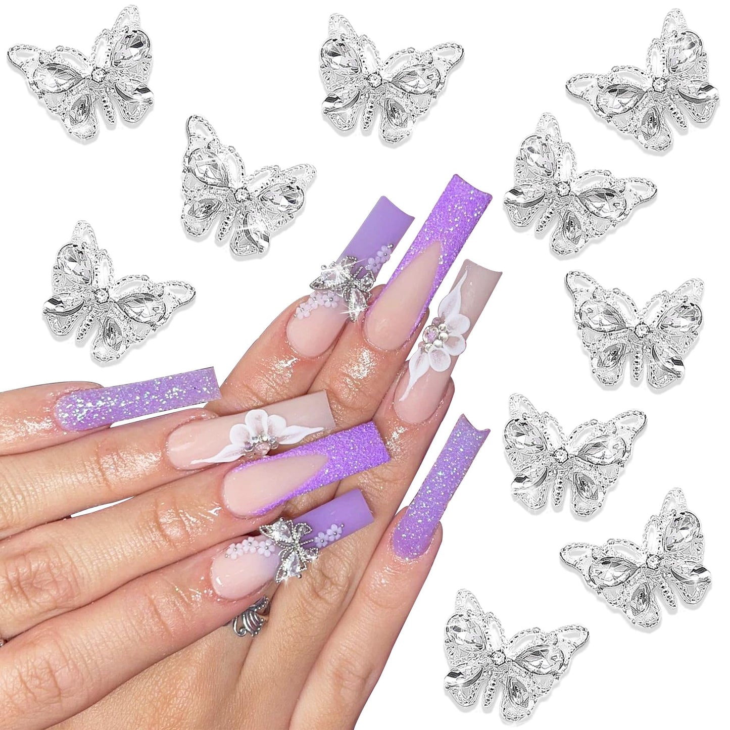 Butterfly Nail Charms, YAEISM Shiny 3D Alloy Silver Metal Butterfly Nail Gems Nail Rhinestones for 10 Pcs Nail Charms Shape Crystals Diamonds for Women Girls DIY Nail Art Crystals Jewelry Decoration