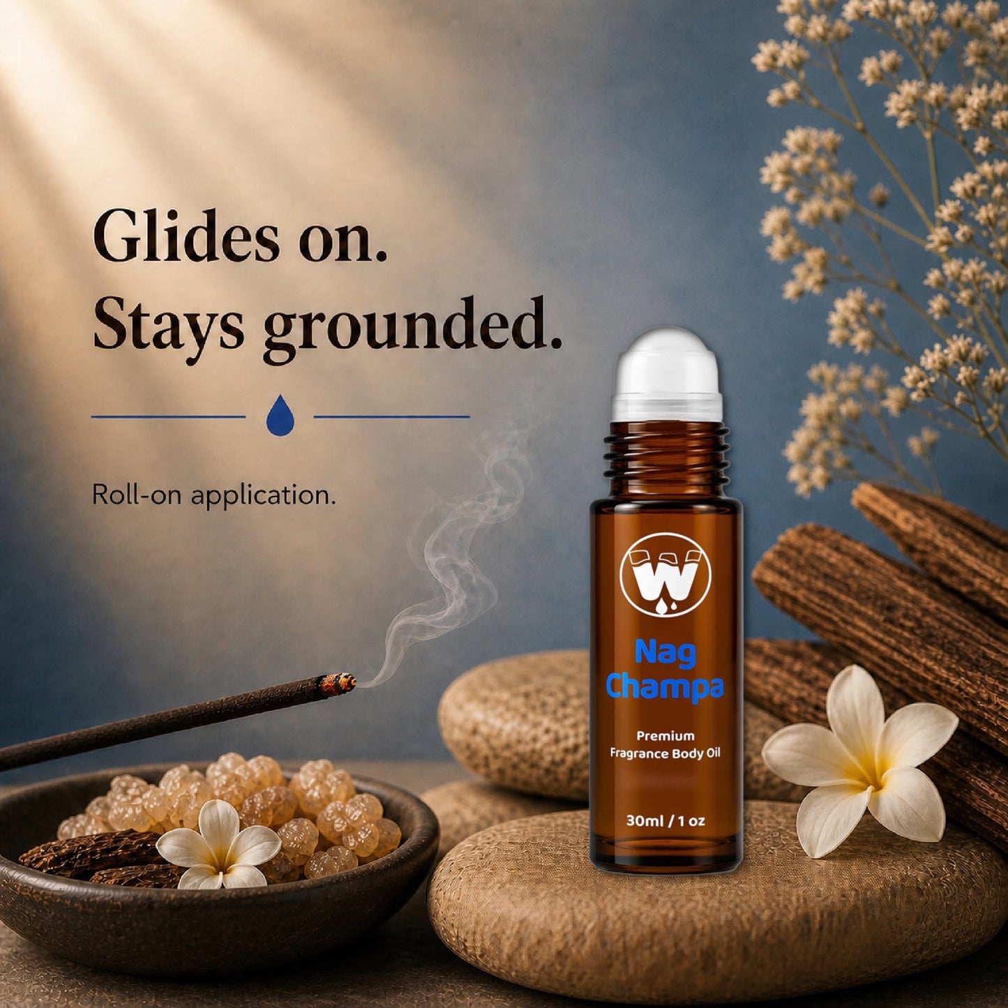 WagsMarket - Nag Champa Perfume Oil, from 0.33oz Roll On to 4oz Glass Bottle (1oz Roll-On)