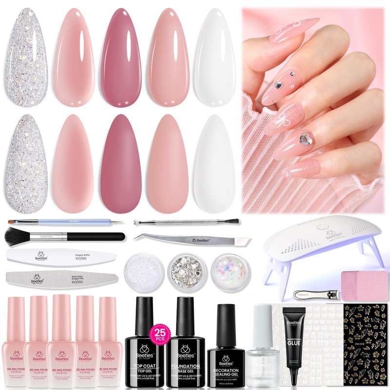 Beetles Gel Nail Polish Kit with U V Light 25Pcs Rose Garden Walk Nude Pink Gel Polish Set with Base Top Coat Starter Kit DIY Home Nail Art Decoration Gift for Women Girls