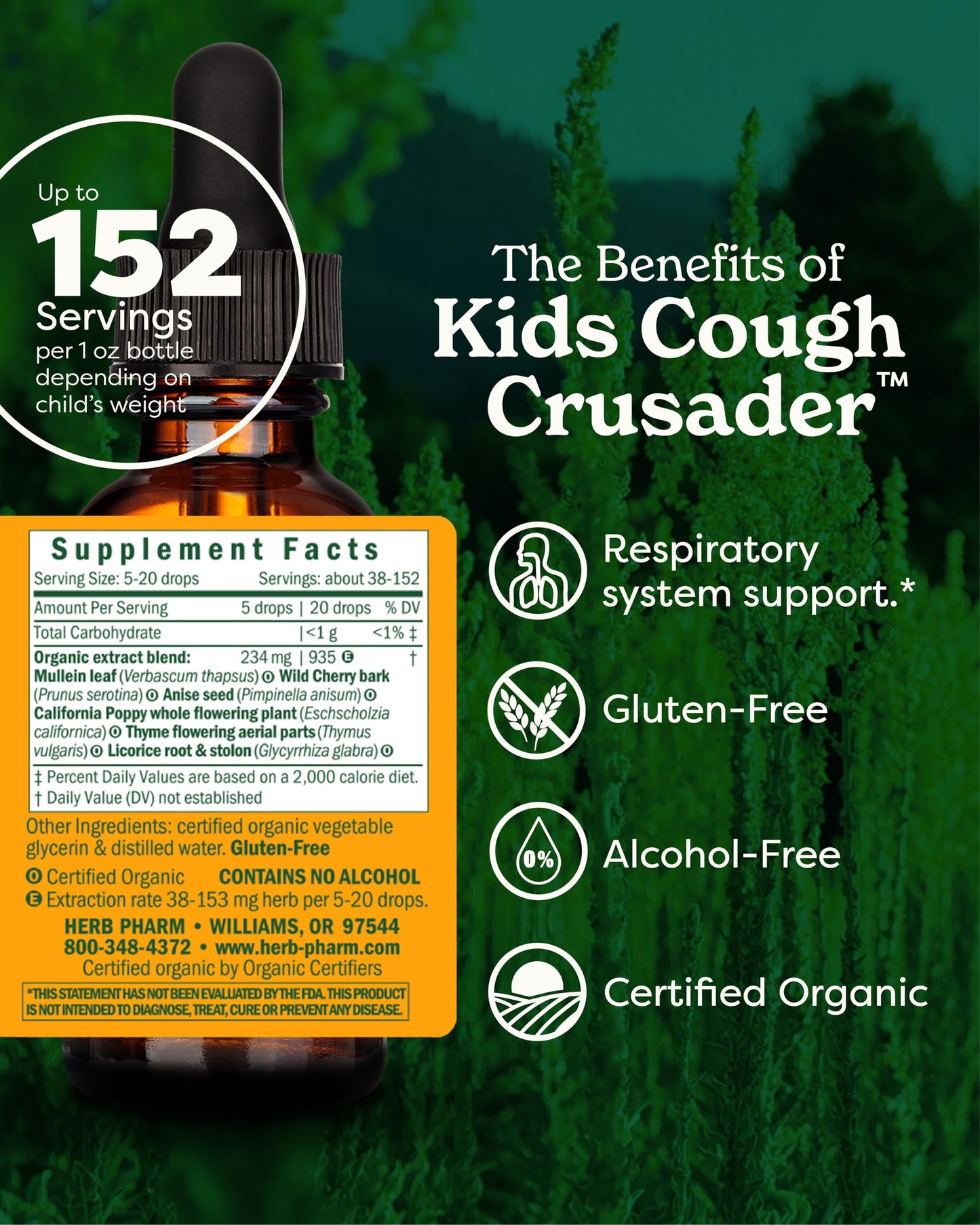 Herb Pharm Kids Cough Crusader – Certified Organic Alcohol-Free Herbal Liquid Formula for Kids, Immune & Throat Comfort Support, 1 fl oz