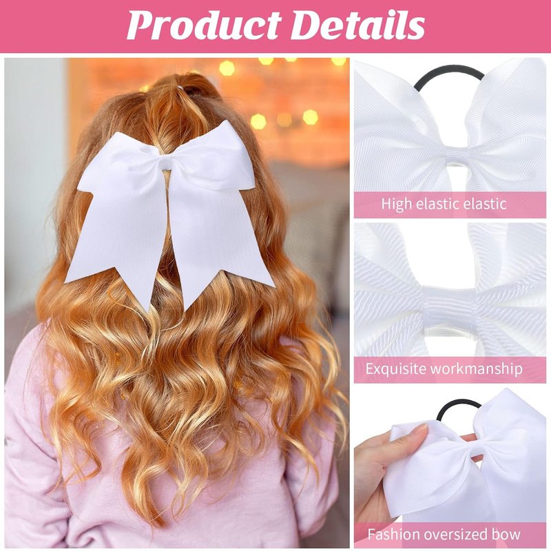 Cheer Hair Bows for Girls - 50 Pcs 8" White Large Cheerleading Bows with Elastic Ponytail Holders | Perfect for Sports Teams & Dance Accessories