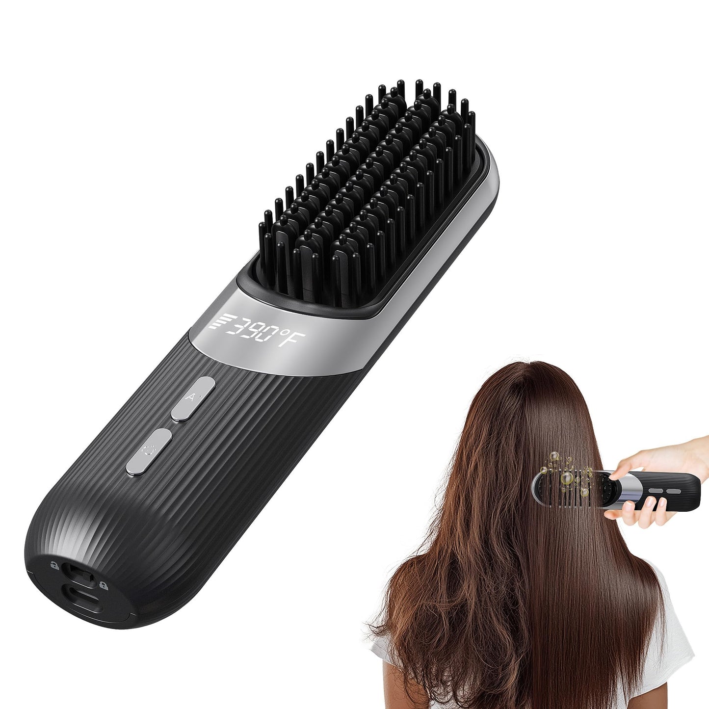 Cordless Hair Styling Brush 2-in-1 AI Smart Styler Fast Heat 30 Seconds USB Rechargeable Dual Power LCD Display Portable Travel Comb Includes Pouch (Black)