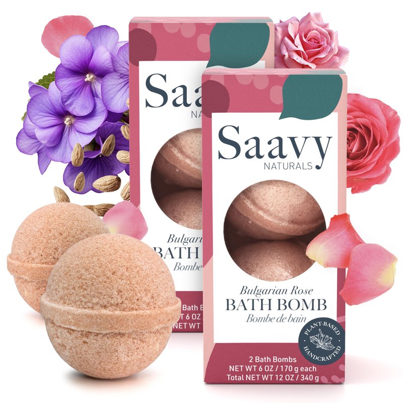 Saavy Naturals Bath Bombs – Relaxing Foaming Fizz Bubbles, Organic Bath Bombs for Women and Kids with Jojoba Oil - Gentle for Sensitive Skin - Made in USA - Bulgarian Rose (2 Pack) - 24 oz