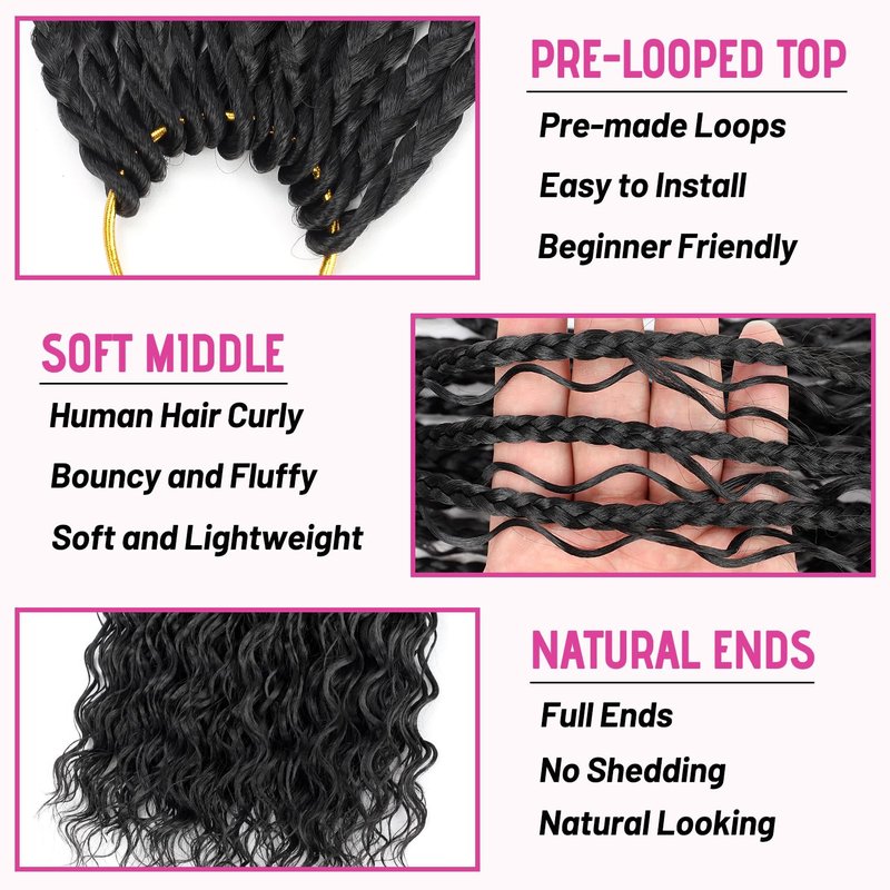 Boho Crochet Braids Human Hair Mixed 9 Packs 14 Inch Goddess Box Braids Crochet Hair Boho Box Braid Bohemian Braid Crochet Hair for Black Women(14Inch, 1B)