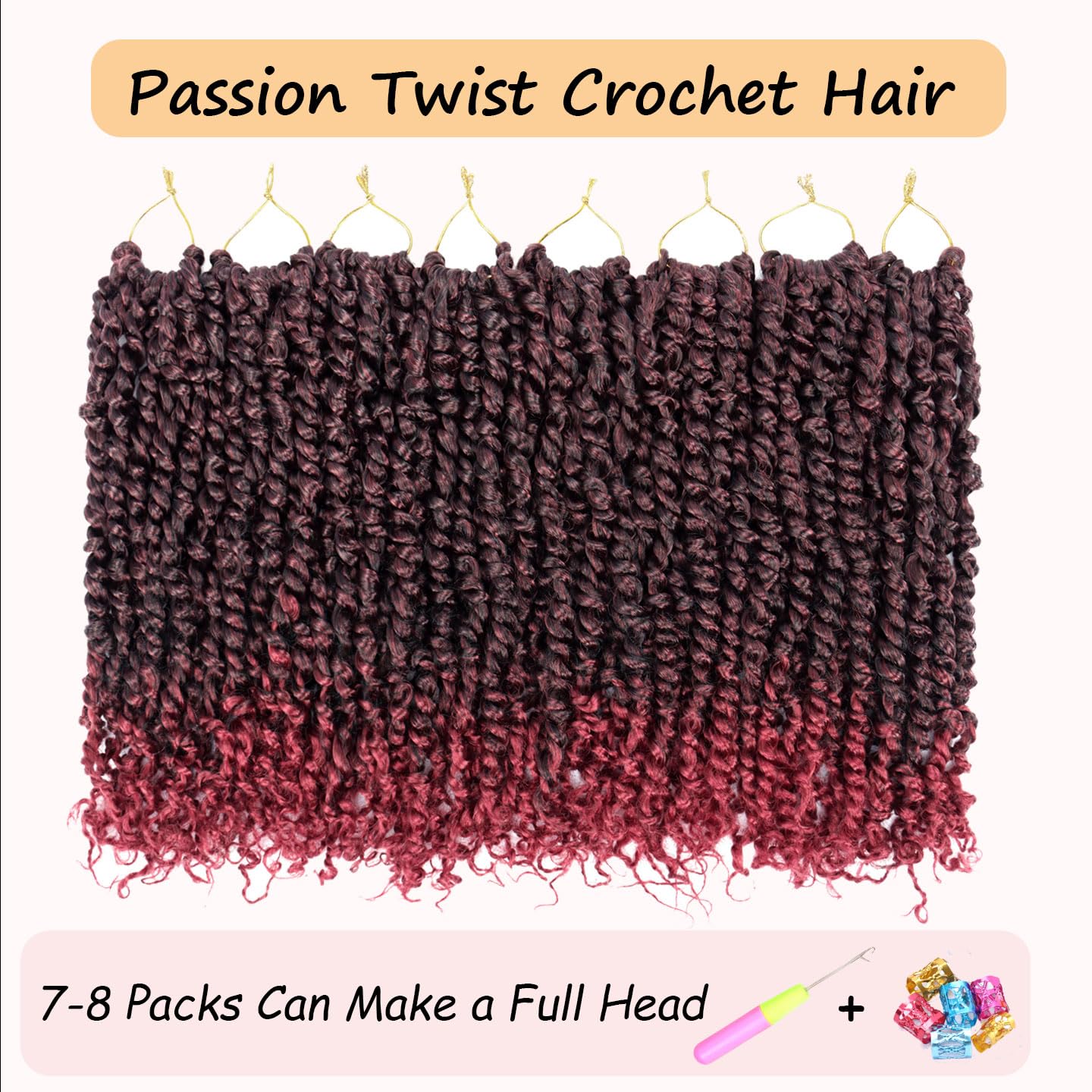 8 Packs Passion Twist Hair 8 Inch Pre-twisted Passion Twist Crochet Hair Pre-looped Crochet Braids Hair for Women Passion Twists Braiding Hair Synthetic Hair Extensions(12Strands/Pack; T1B/BUG#)