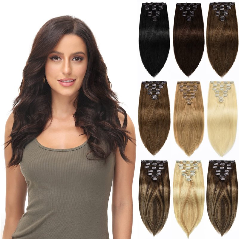 Rose bud Clip in Hair Extensions Real Human Hair 7Pcs 16Clips 14Inch 130g Natural Thick Hair Extensions Human Hair Dark Brown