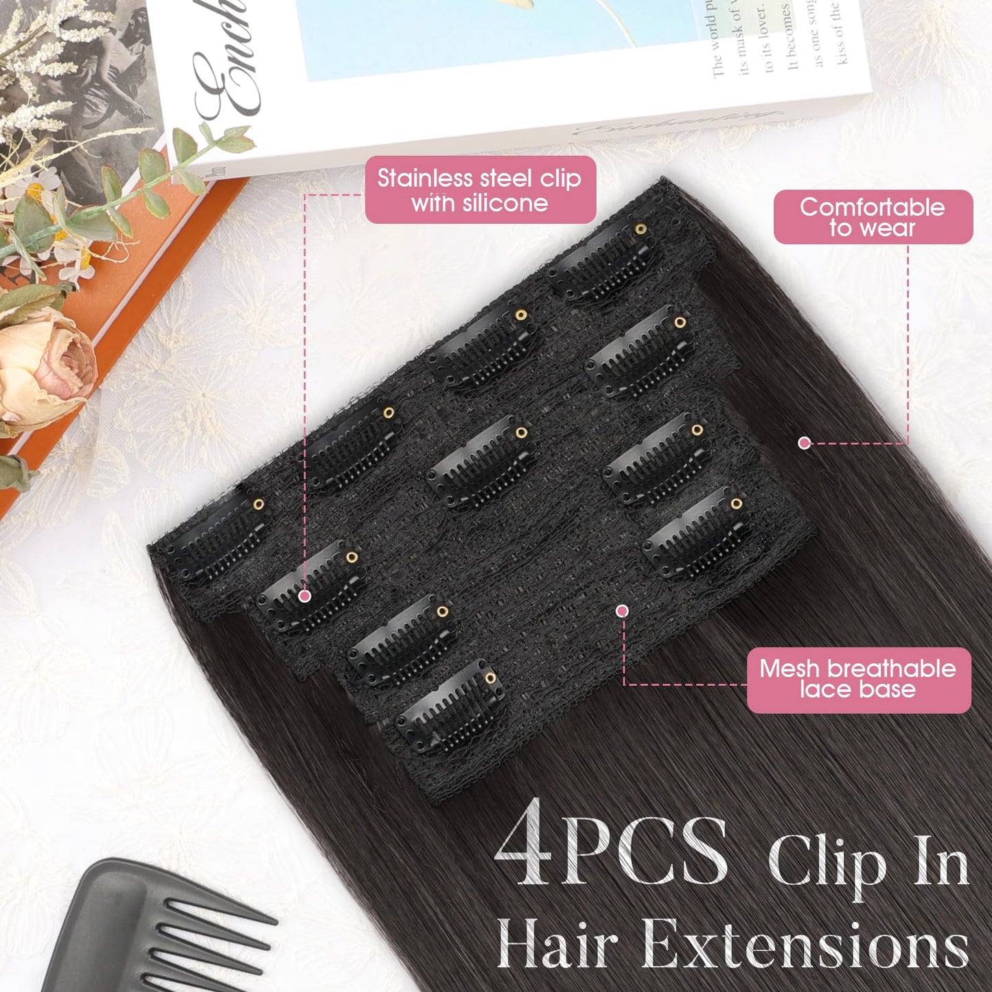 LRSICAL Hair Extensions,Clip in Hair Extensions Dark Brown Long Straight 4PCS Hairpieces Natural Soft Fiber Double Weft Hair for women 22 Inch
