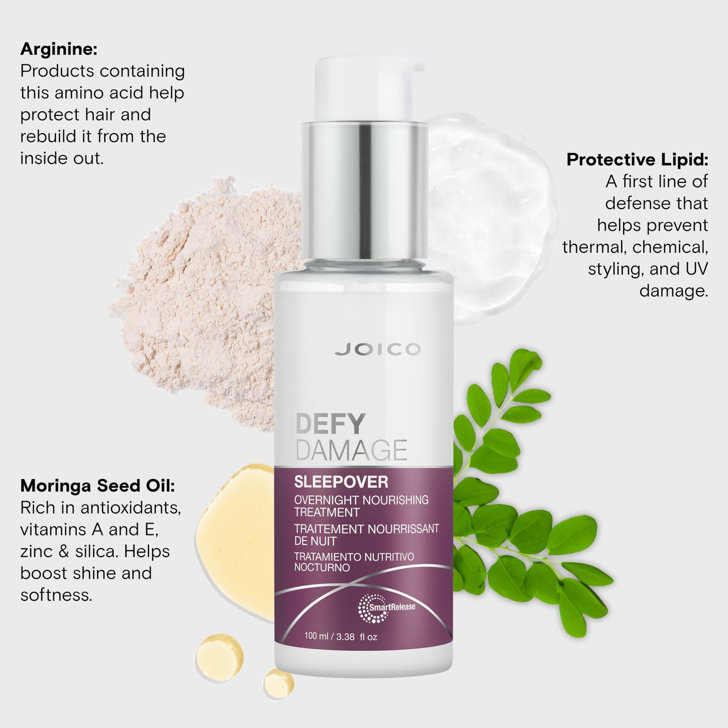 Joico Defy Damage Sleepover Overnight Nourishing Treatment | Instantly Softens & Smooths | Strengthen Bonds | Reduce Breakage & Split Ends | No Rinse Formula | With Arginine & Keratin | 3.38 oz | 2 Pack