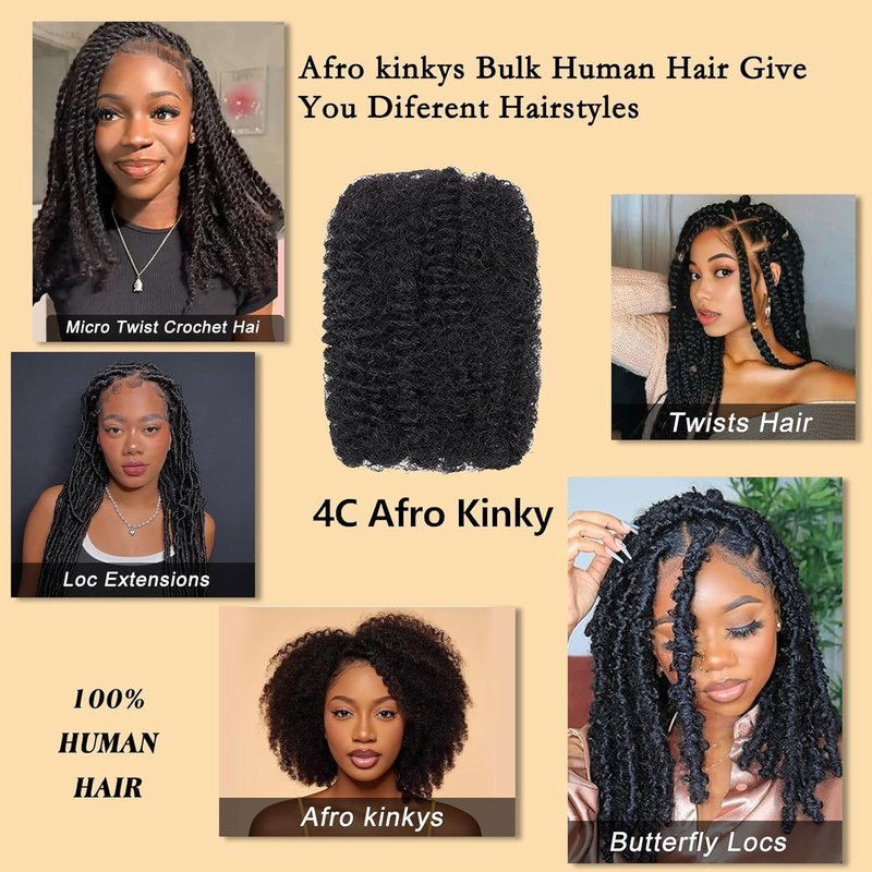 Afro Kinky-Curly Human Hair Bulk - 18 Inch for Braiding & Mini Twists | 1B Color, 35g/Pack