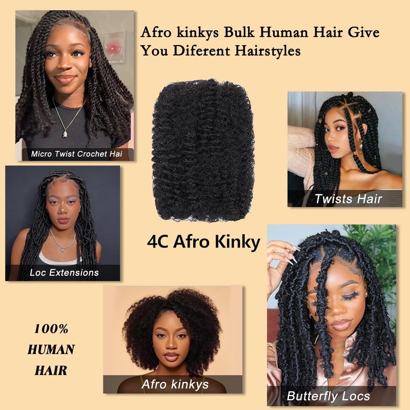 Dong H hair Afro Kinkys Bulk Human Hair for Braiding Afro Kinky-Curly Human Hair Bulk for Mini Twist Afro Kinky Bulk Hair for Dreadlocks Extensions Repair Locs Micro Locs Extension 14Inch(1B,35g/pack)