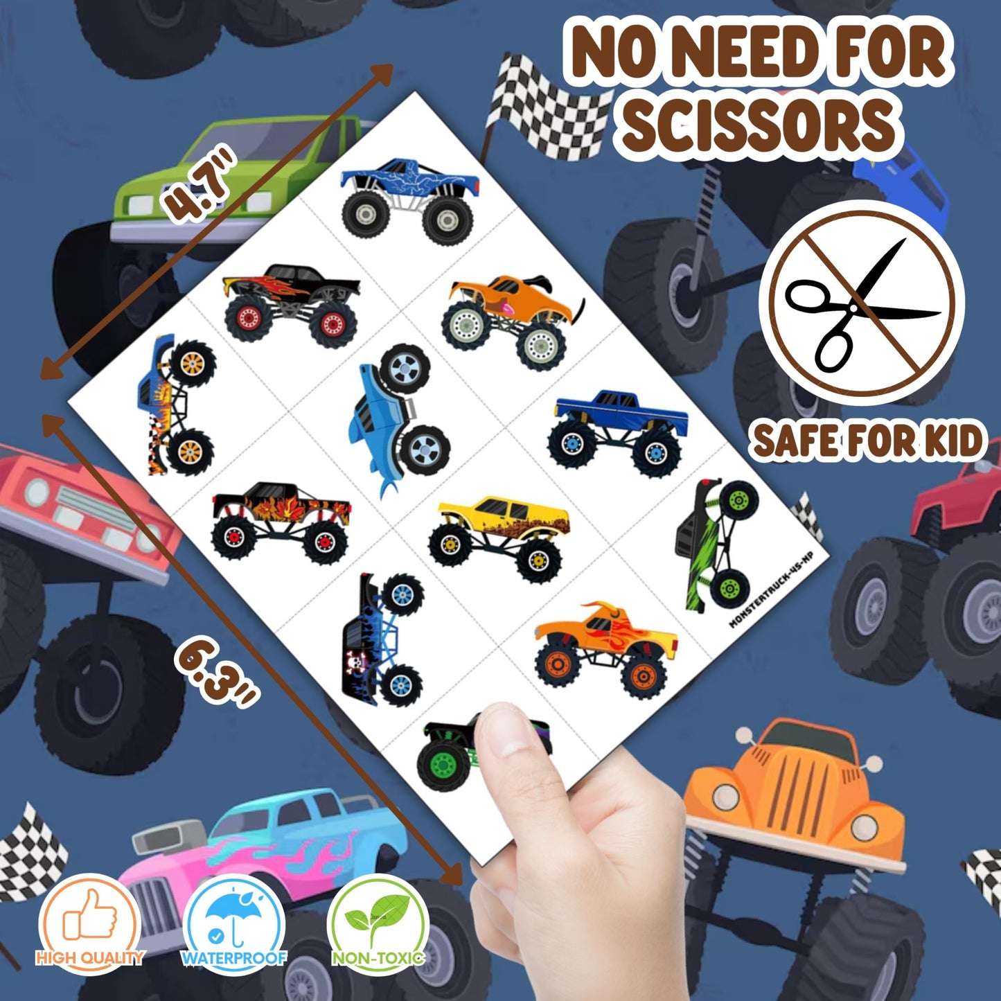 72 PCS Monster Truck Party Favors – 48 Pre-Cut Temporary Tattoos & 24 Punch Balloons Themed Birthday Party Decorations Supplies Favors Gifts Goodie Bag Fillers Classroom Rewards for Boys Girls