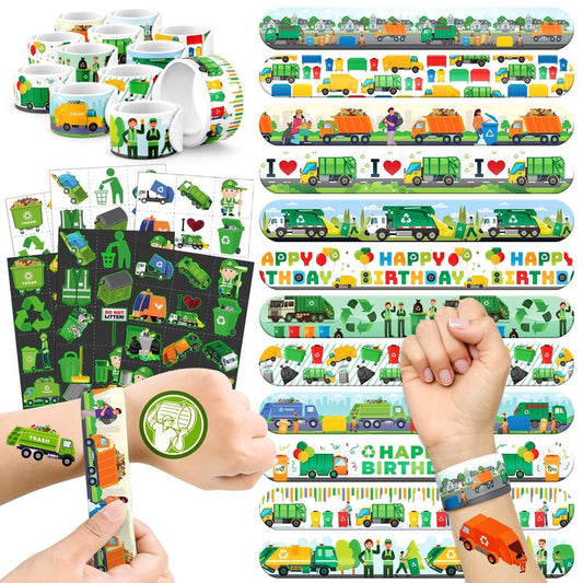 96 PCS Garbage Truck & Trash Truck Party Favors - 72 Pre-Cut Temporary Tattoos & 24 Slap Bracelets for Kids, Birthday Decoration Supplies, Goodie Bag Stuffers Gifts