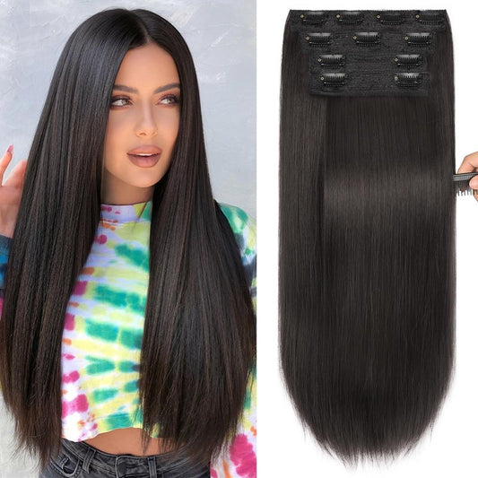 LRSICAL Hair Extensions,Clip in Hair Extensions Dark Brown Long Straight 4PCS Hairpieces Natural Soft Fiber Double Weft Hair for women 22 Inch