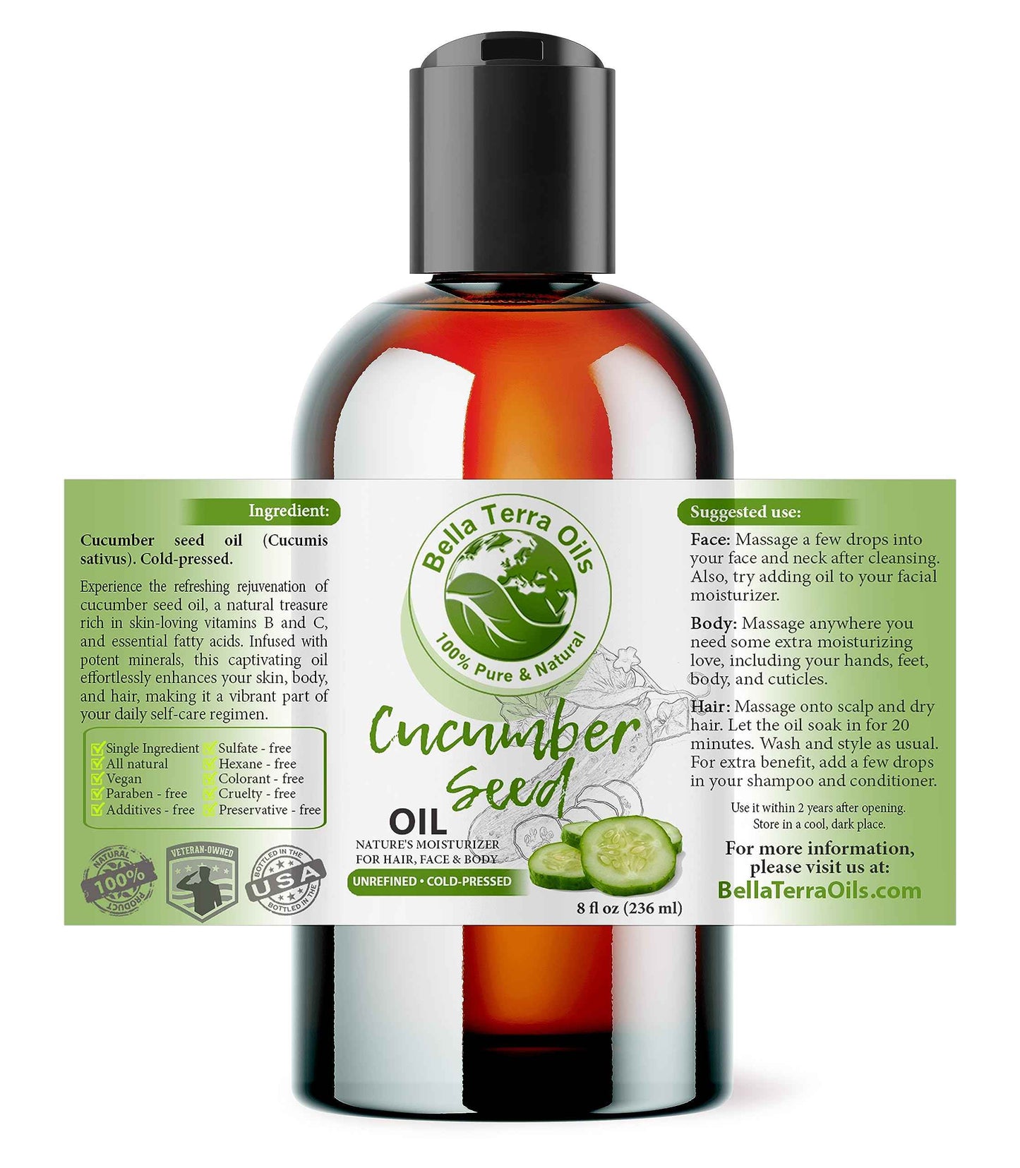 Bella Terra Oils - Cucumber Seed Oil 8 oz - Harness the Potent Nutritional Profile of Cucumber, Loaded with Vitamin K & Biotin, Luminous Skin Beckons