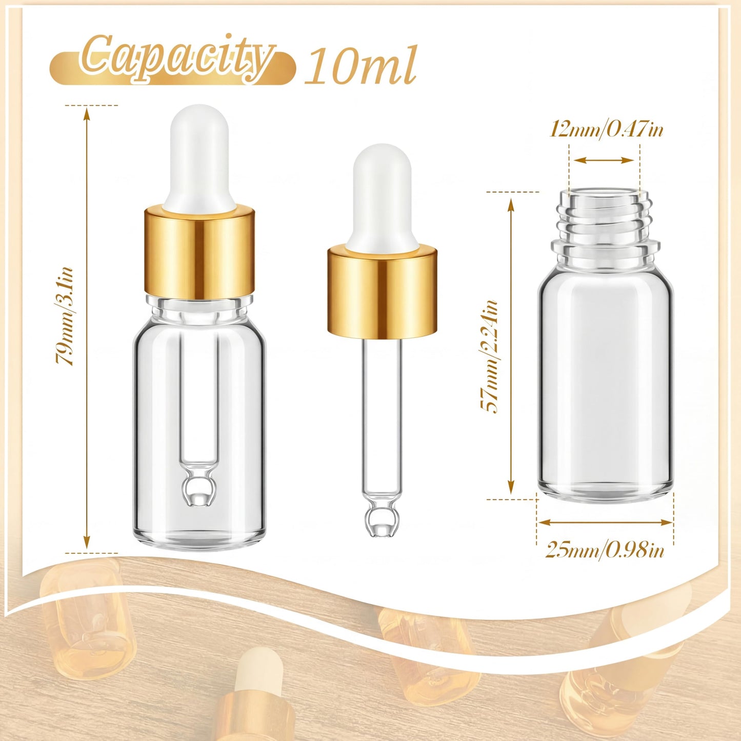 Didaey 100 Pcs 1/2/3/5/10/15 ml Mini Glass Oil Dropper Bottle Bulk, Clear Essential Small Empty Bottles Sample Containers Perfume Liquid Vials with Cap for Traveling (10 ml,Champagne Gold)
