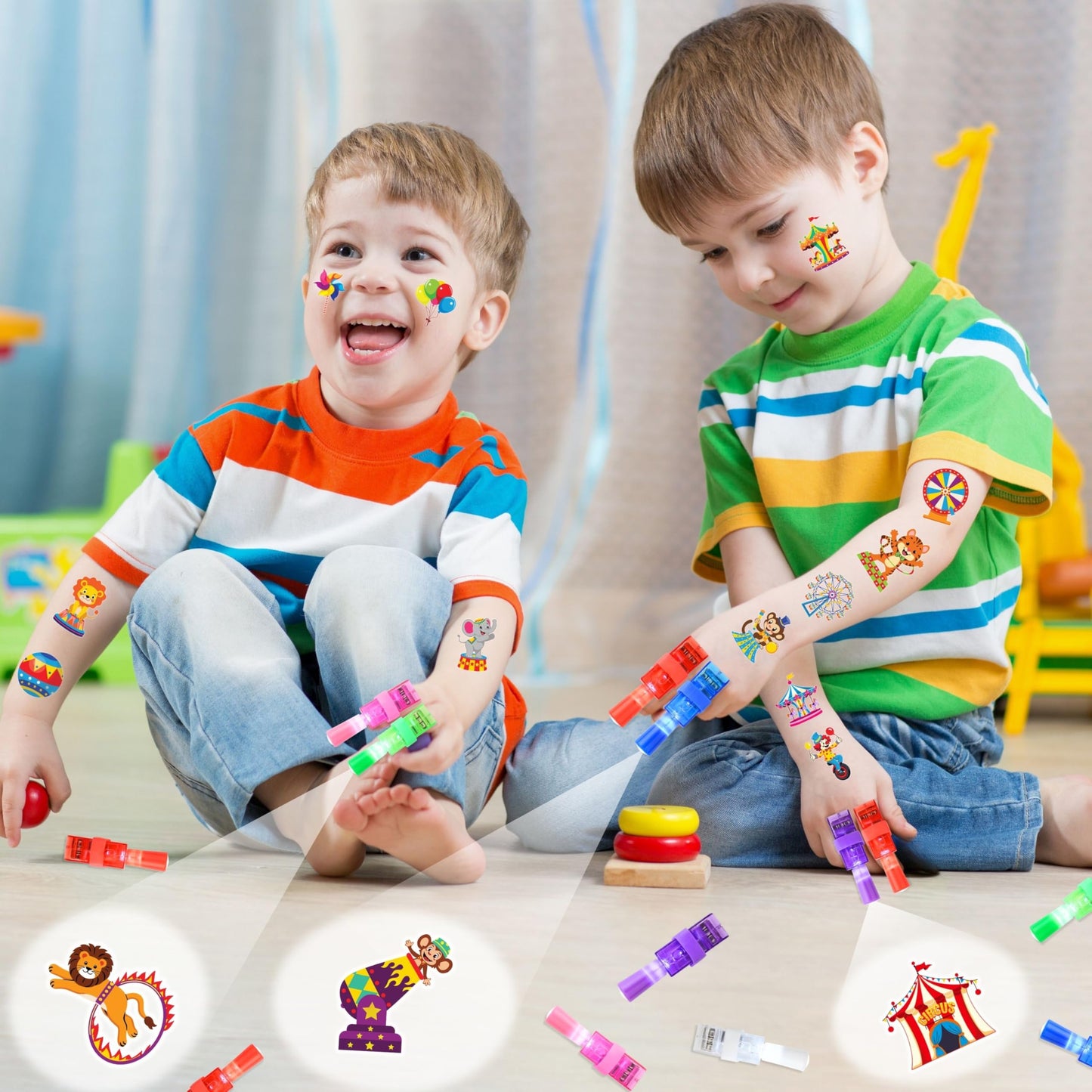 72 PCS Carnival Party Favors – 48 PCS Luminous Tattoos & 24 PCS LED Finger Lights Combo – Birthday Goodie Bag Fillers, Party Supplies, Gifts Light Up Toys Glow In The Dark for Boys and Girls