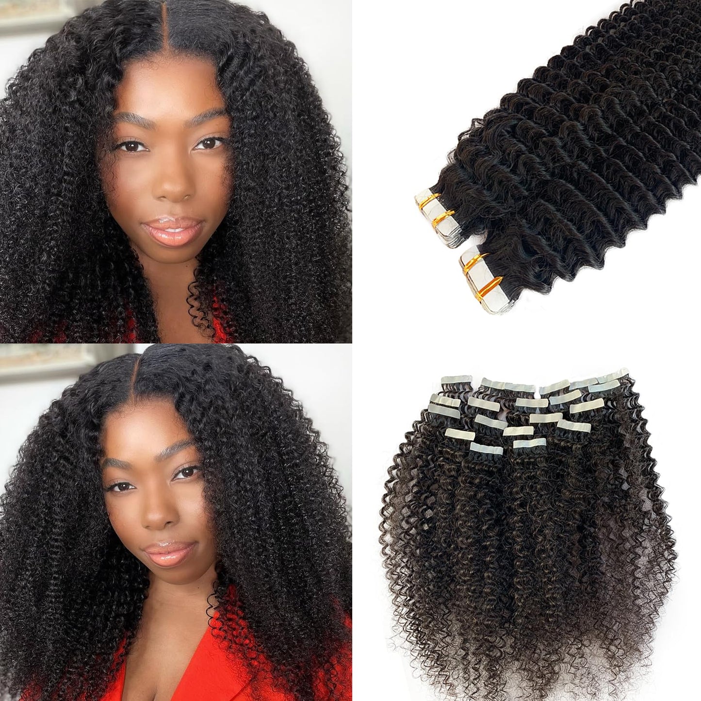 Curly Tape in Human Hair Extensions for Black Women, Kinky Curly Tape in Hair Extensions 50grams 20pcs Full Head Real Human Hair Kinky Tape ins Extensions 20 Inch Natural Black