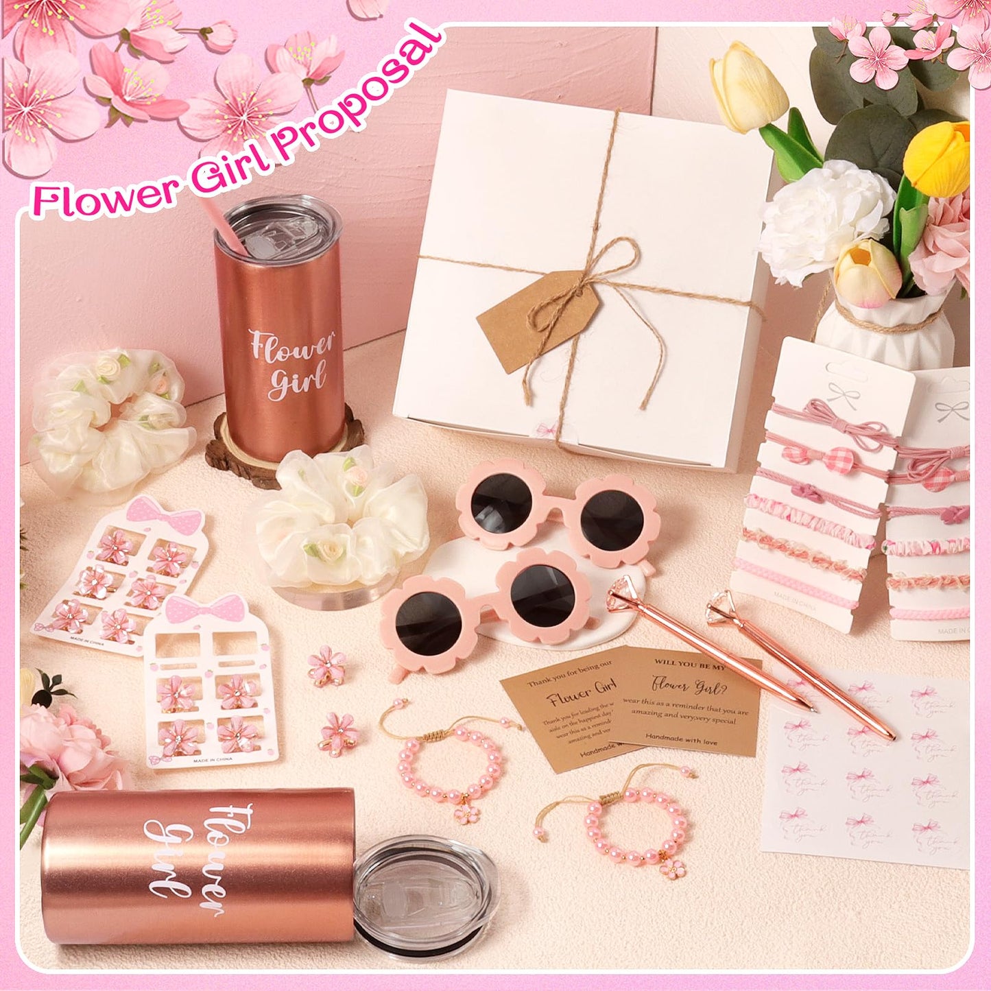 Mhoel 40pcs Flower Girl Proposal Gifts Set of 2, Rose Gold 12oz Tumbler Sunglasses Pearl Bracelet Diamond Pen Hair Ties Will You Be My Flower Girl Card Box