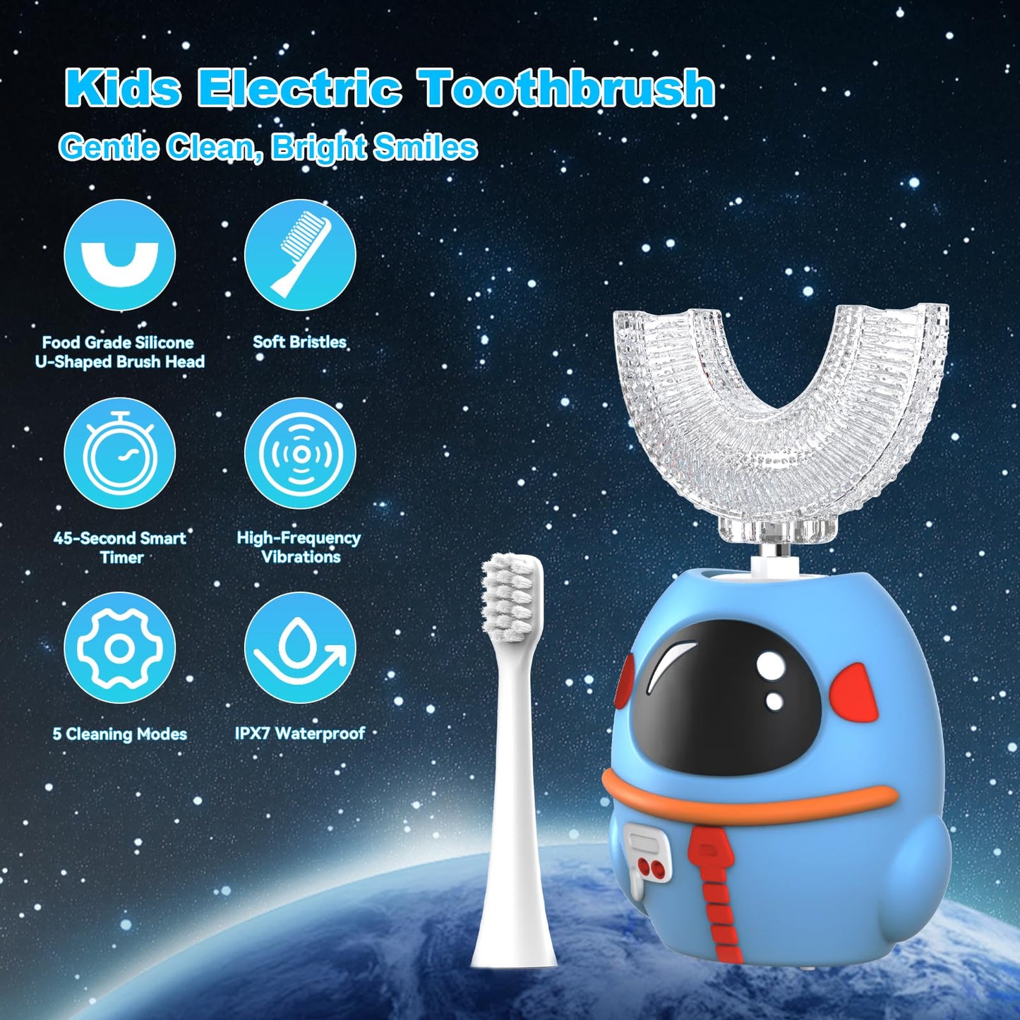 FTOYIN Kids Electric Toothbrush with 3 Brush Heads, U Shaped Ultrasonic Toothbrush Kids with 5 Modes, 45s Smart Reminder, 360-Degree Automatic Cleaning, IPX7 Waterproof Design