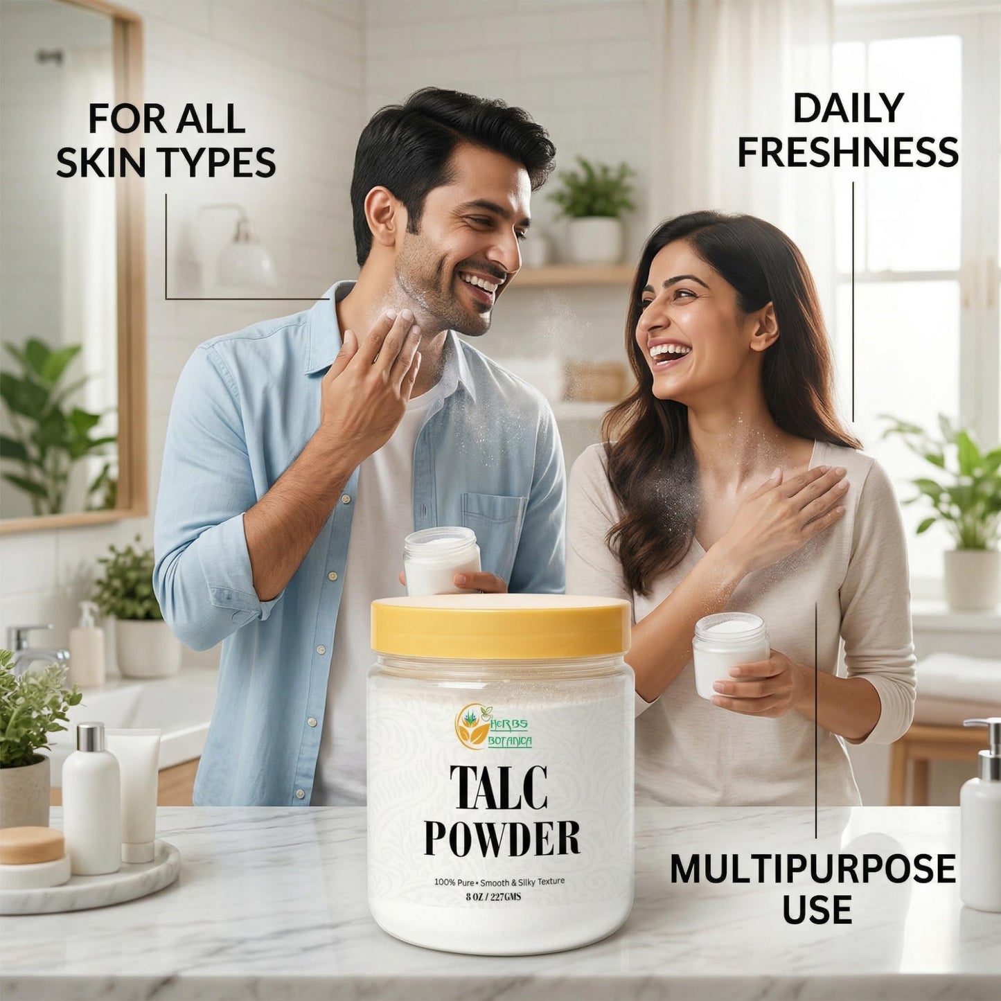 Herbs Botanica Talcum Powder for Women & Men 8 oz Fine Talc Powder, Ideal for Body Freshness, DIY Cosmetics, Personal Care, and Craft Use Smooth Texture & Unscented Formula