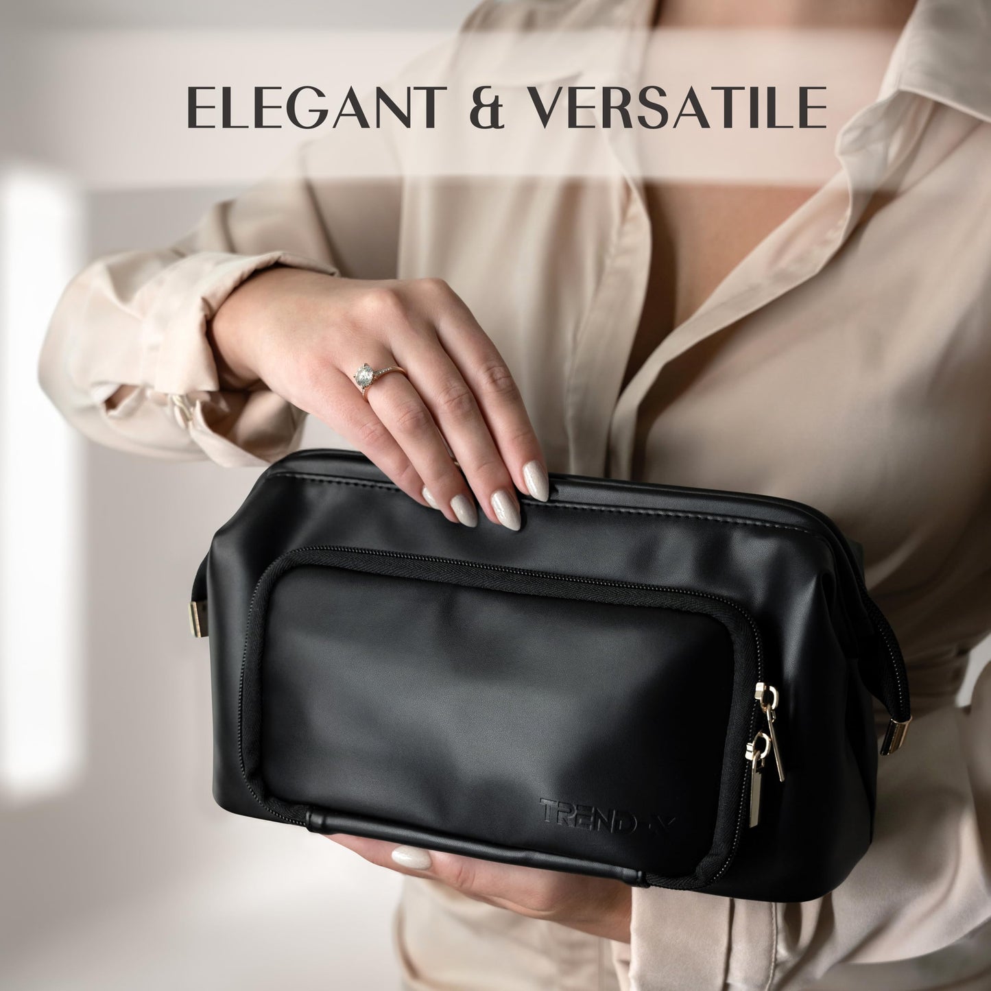 TREND-X PU Leather Makeup Bag with Brush Compartment, Open Flat Travel Cosmetic Organizer for Women, Large Capacity Vanity Makeup Bag