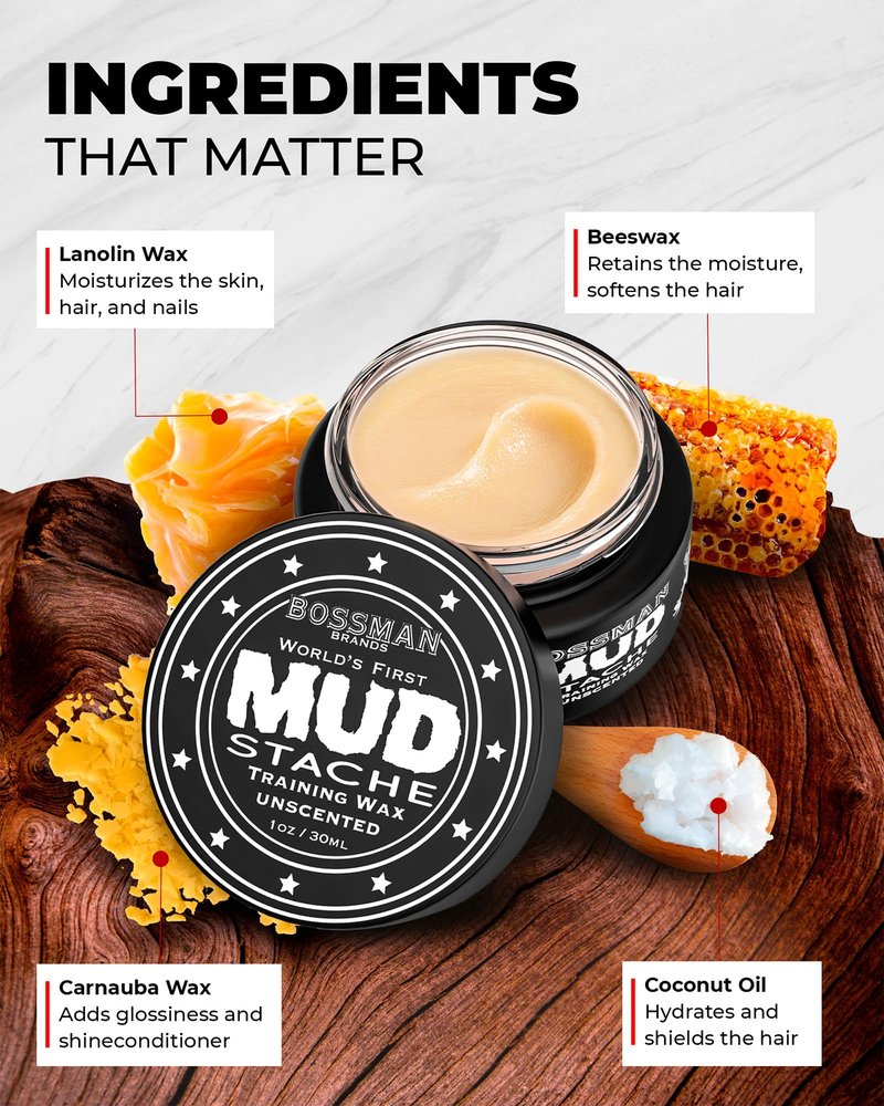 Bossman MUDstache Unscented Mustache Wax for Men (3 oz) - 3 Pack - Strong 24-Hour Hold, Non-Tacky & Easy to Apply for Taming & Styling