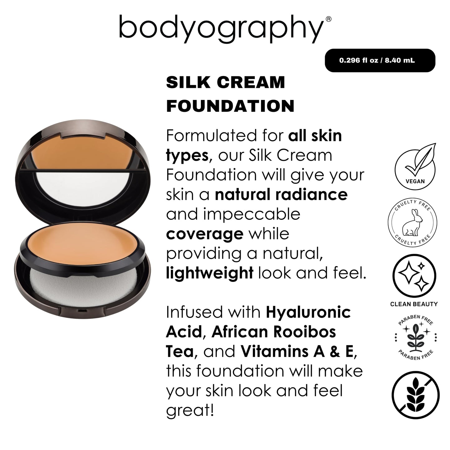 Bodyography Silk Cream Foundation – Medium | Hydrating, Weightless Liquid Cream Foundation with Hyaluronic Acid & African Rooibos Tea | Medium-to-Full Coverage, Luminous Finish | Vegan, Talc-Free