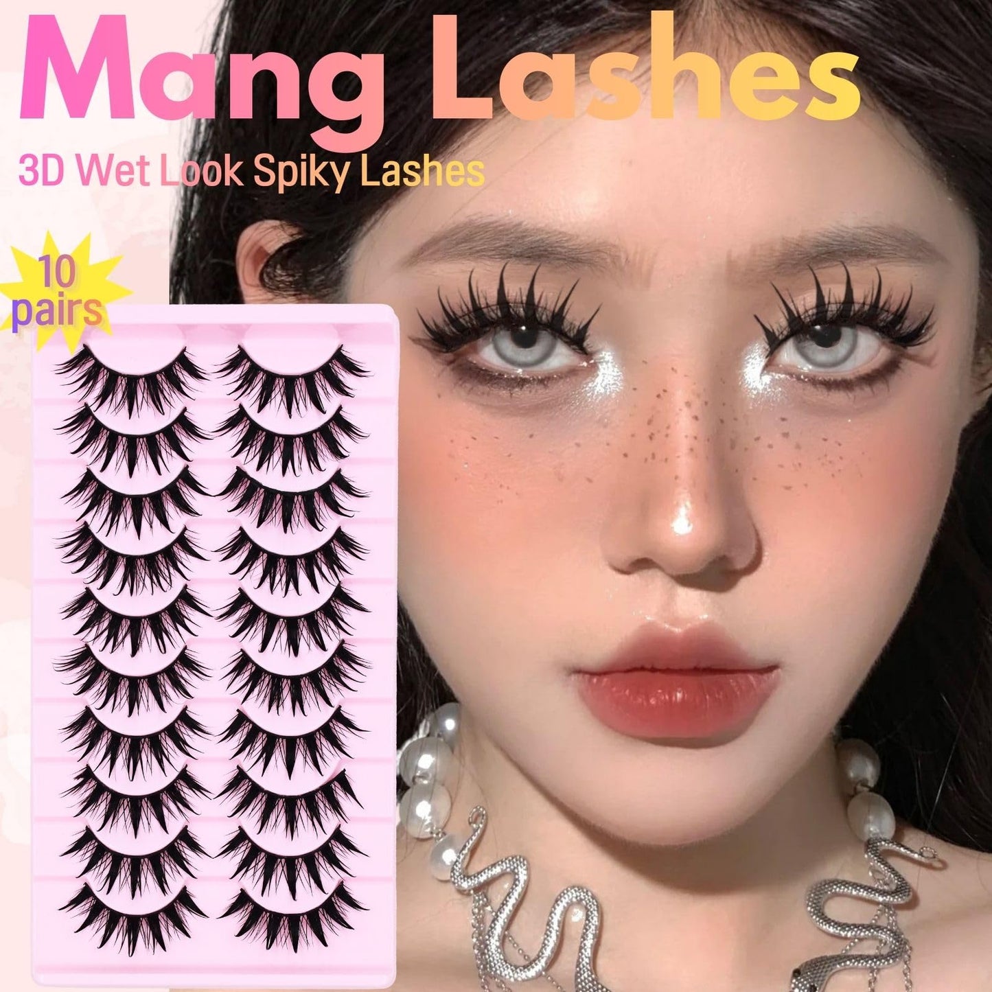 Anime Manga Style Cat Eye False Eyelashes 10 Pairs Wet Look C-Curl Spiky Makeup Lashes with Cotton Band for Cosplay, Daily Wear & Party