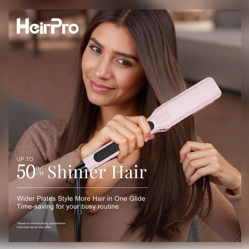 HeirPro Ceramic Flat Iron Hair Straightener with 3D Floating Plate,Hair Iron Straightener with 15 Temps for Thick Hair | Ergonomic Silicone Handle | LCD Display | Dual Voltage (Light Pink)