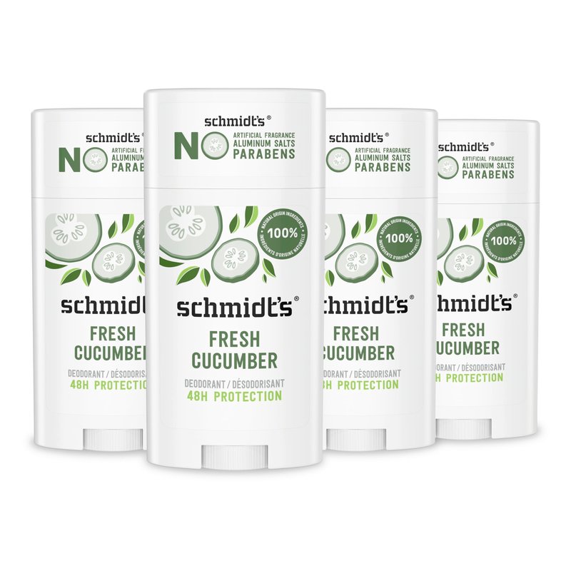 Schmidt's Aluminum-Free Vegan Deodorant Fresh Cucumber 4 Count for Women and Men, with 24 Hour Odor Protection, Natural Ingredients, Cruelty-Free, 2.65 oz