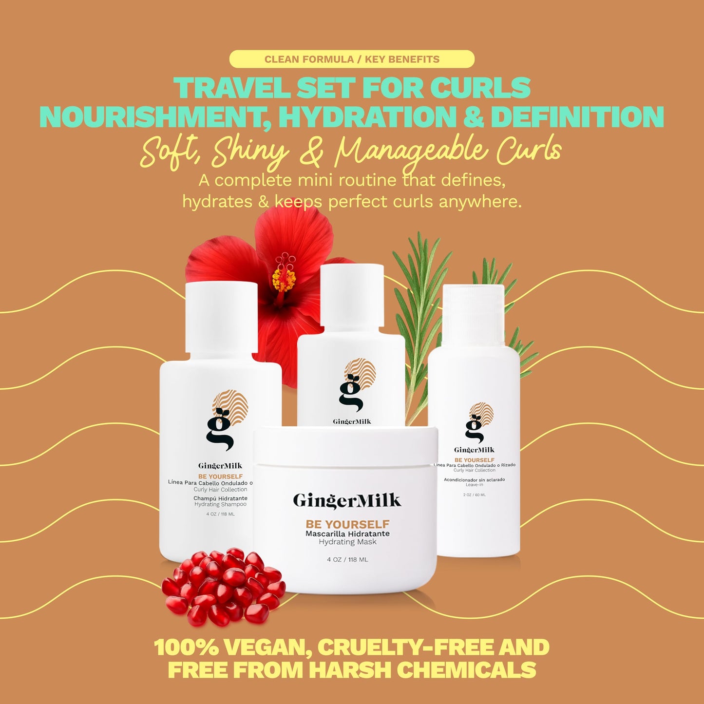 GINGER MILK Curly Hair Travel Set | Curly Method Kit with Shampoo, Hair Mask, Leave-In & Curl Defining Gel + Free Travel Bag | Nourishes, Hydrates & Controls Frizz – TSA Approved Sizes | Be Yourself