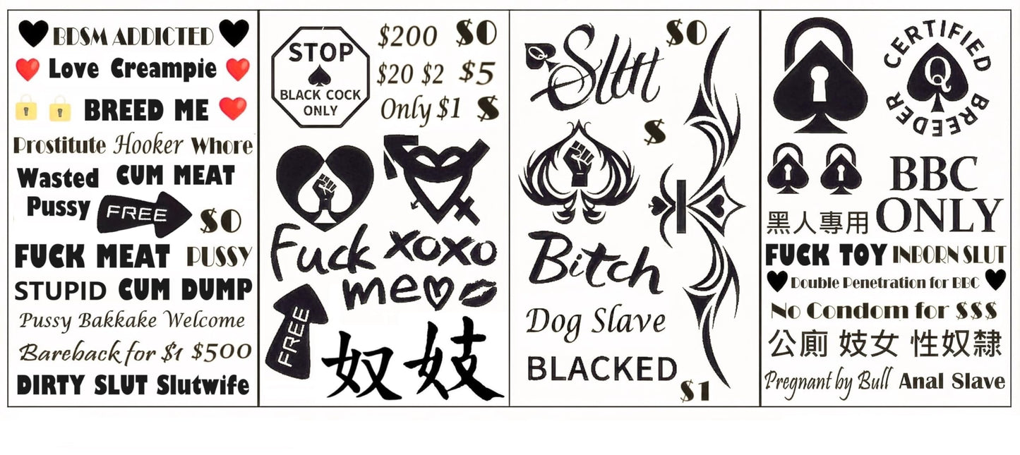 BBC Queen of Spades QoS 4 Sheets Temporary Tattoos Sticker SEX BDSM Total 57counts(15X21cm) Cuckold Queen of Spades QoS Hooker DIRTY Chinese Japanese Phrases
