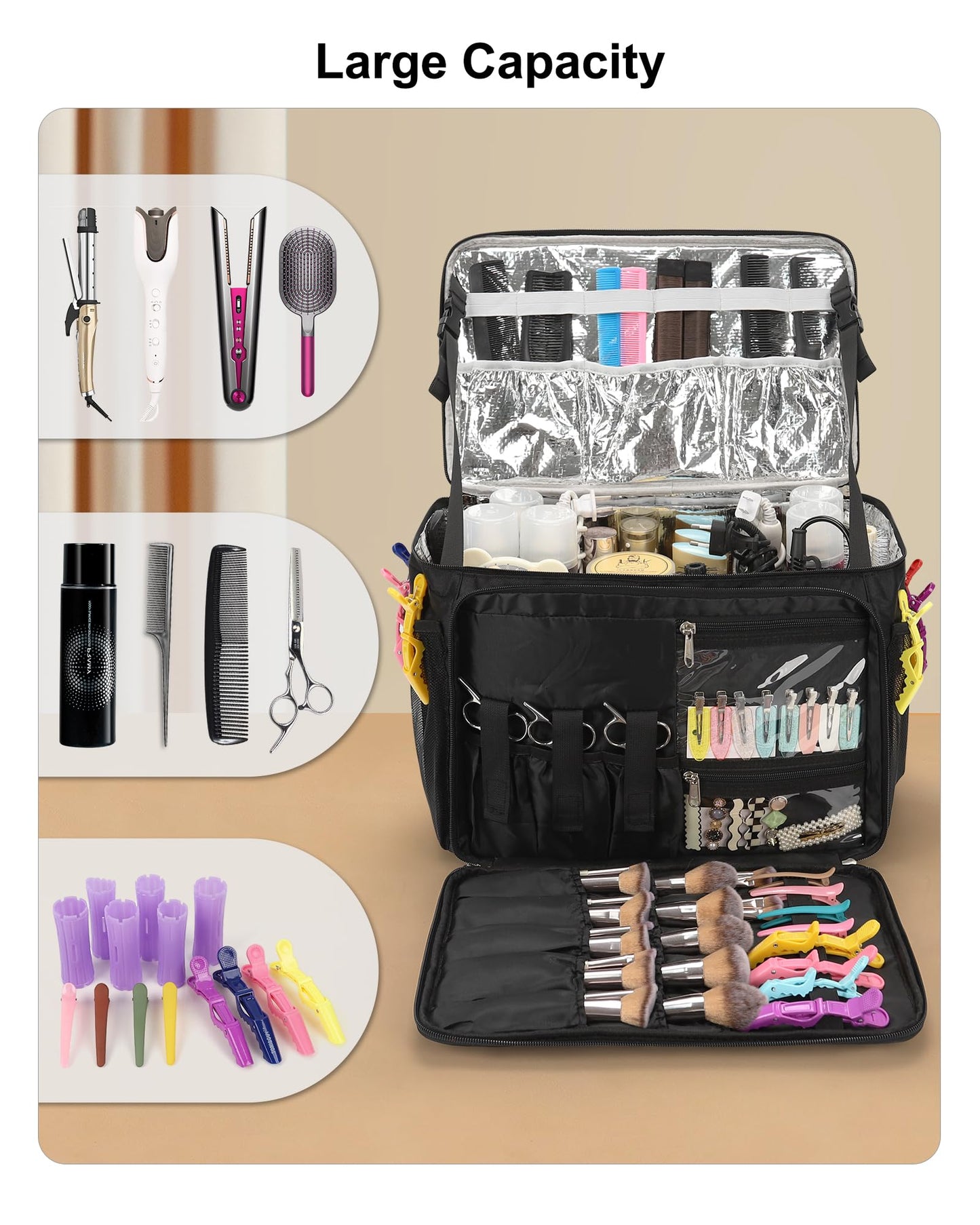 Twofold Hairstylist Traveling Bag, Heat Resistant Cosmetology Bag for Hairstylists, Dual-Layer Design with Detachable Dividers, Multi-Functional Hair Tools Organizer for Travel - Black