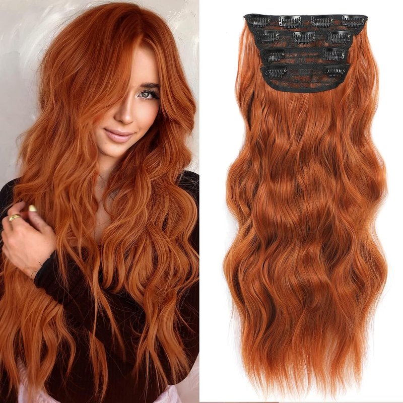 Long Wavy Hair Extensions - 4PCS Copper Red Curly Synthetic Thick Hairpieces | 20 Inch Double Weft Full Head