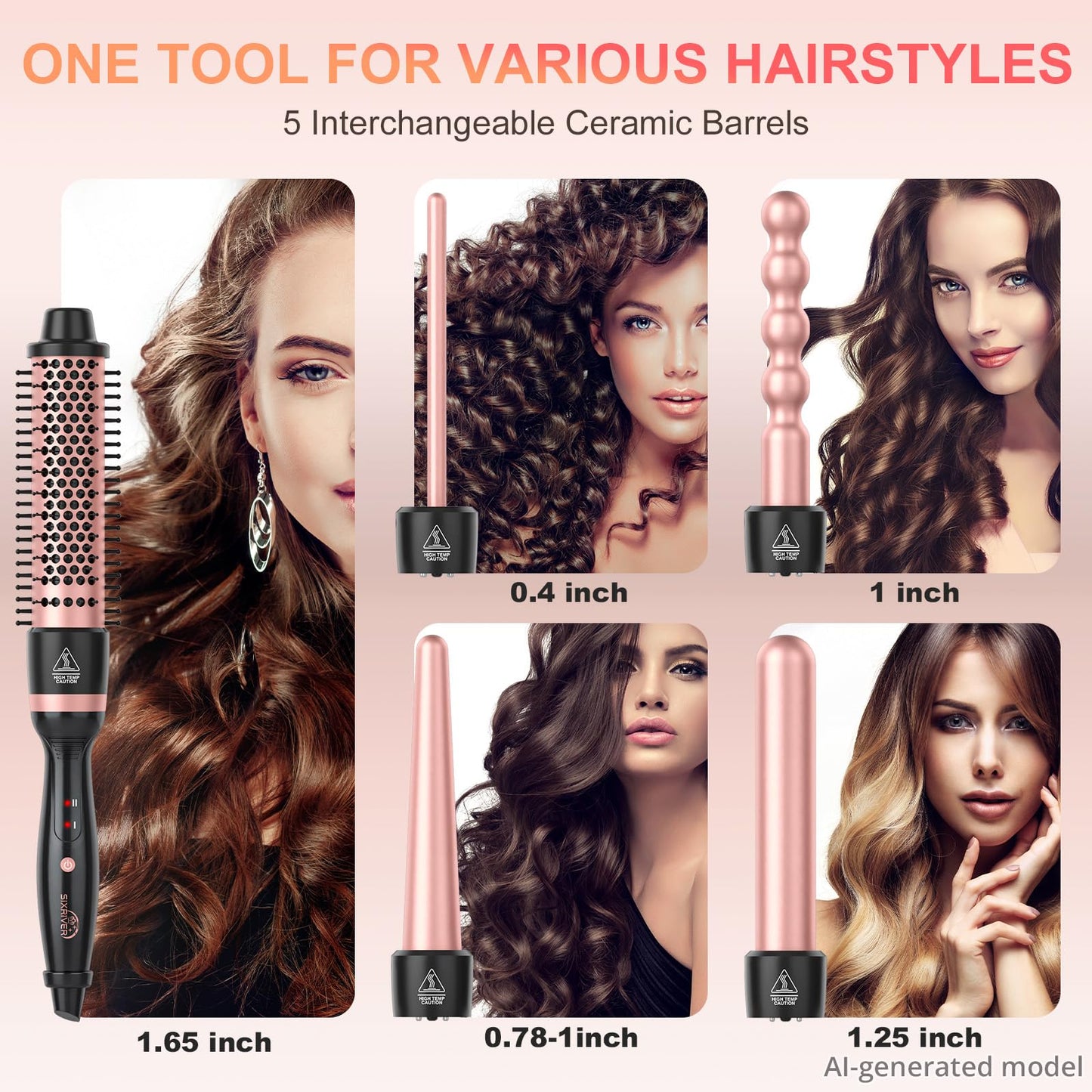 5 in 1 Curling Wand Set - Thermal Brush and 4 Ceramic Hair Crimper