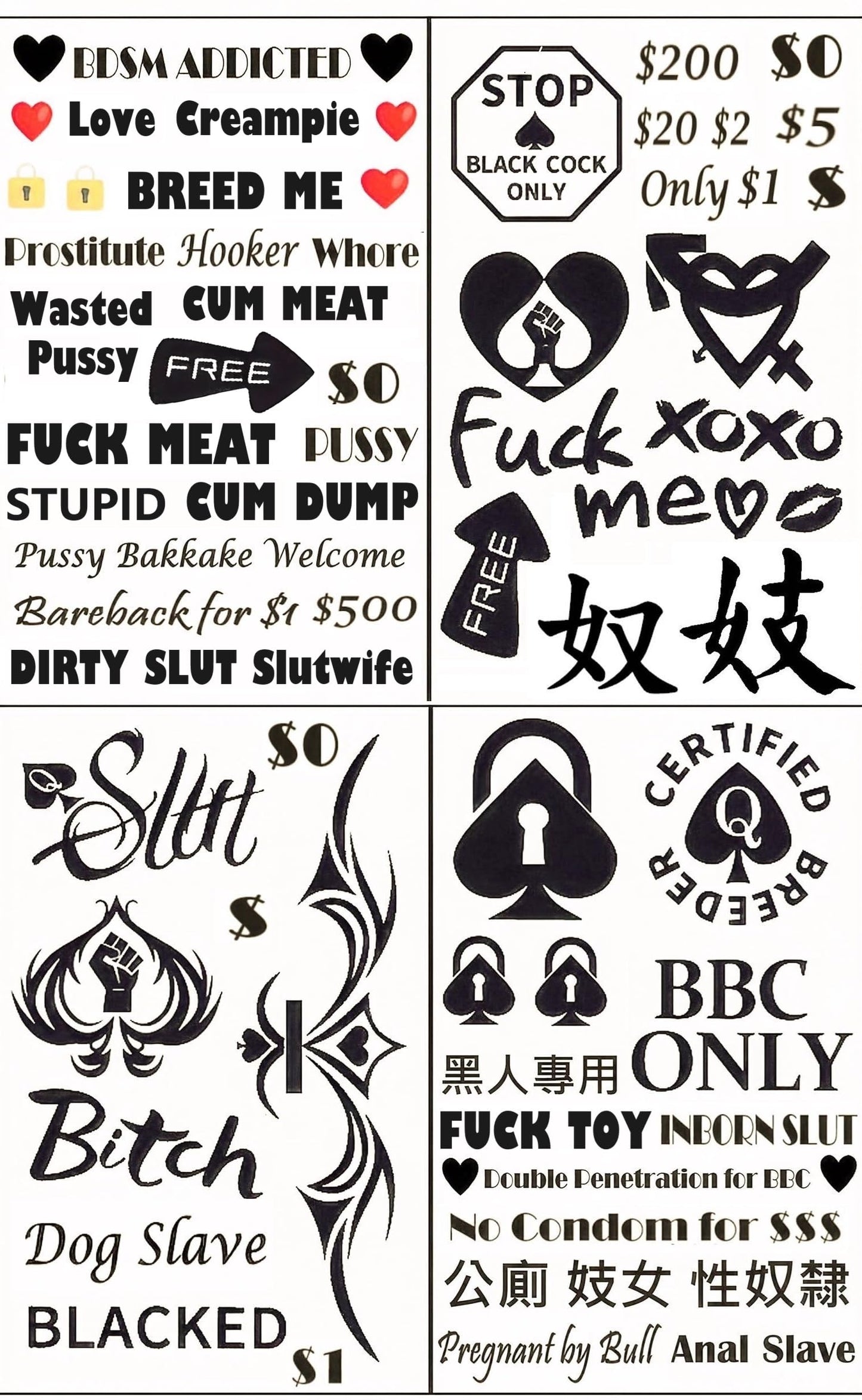 BBC Queen of Spades QoS 4 Sheets Temporary Tattoos Sticker SEX BDSM Total 57counts(15X21cm) Cuckold Queen of Spades QoS Hooker DIRTY Chinese Japanese Phrases