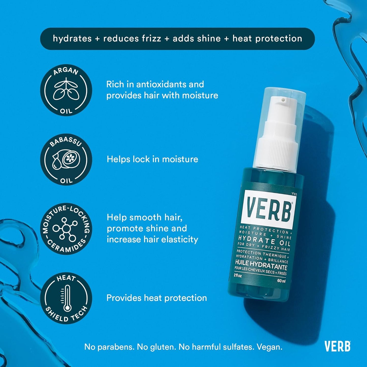 VERB Hydrate Oil - Moisturizing Hair Oil for Dry & Frizzy Hair - Heat Protection | Amber & Warm Jasmine Scent