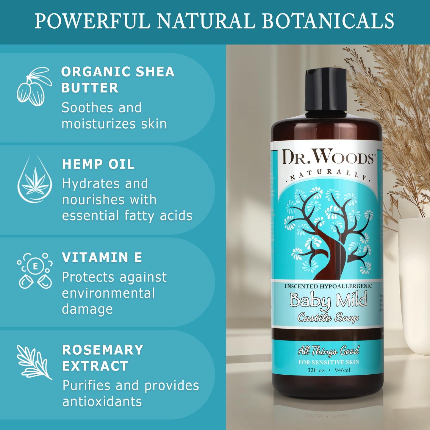 Dr. Woods Unscented Baby Mild Liquid Castile Soap - Natural Soap for Sensitive Skin, Gentle Cleanser with Hemp Oil and Vitamin E - Paraben, Sulfate, and Phthalate Free - 32 Fl Oz (Pack of 2)