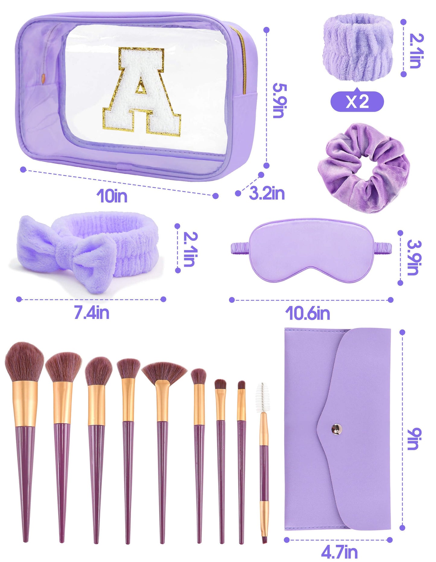 Gift Sets for Women, Initial Makeup Bag with Makeup Brush Set Bachelorette Party Favors, Purple Spa Kit with Skincare Headbands Wrist Bands Sleepover Party Supplies Gifts for Teen Girls Bridesmaid A