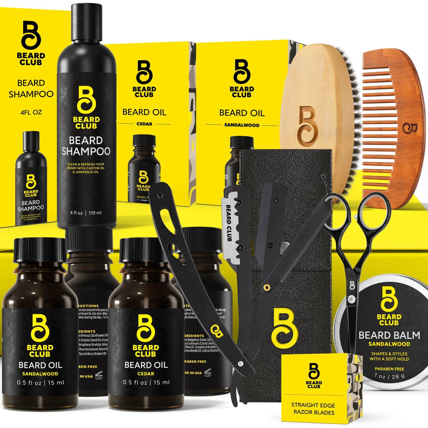 The Beard Club Premium Beard Kit for Men - Grooming & Care Kit - Cedar & Sandalwood Oil, Sandalwood Balm, Shampoo, Brush, Comb, Trimming Scissors, Straight Edge Razor - Gift Set