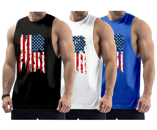 InleaderStyle Men's 3 Pack Workout Tank Tops Sleeveless Gym Muscle Tee Graphic American Flag Shirt - BK+WT+BU-L