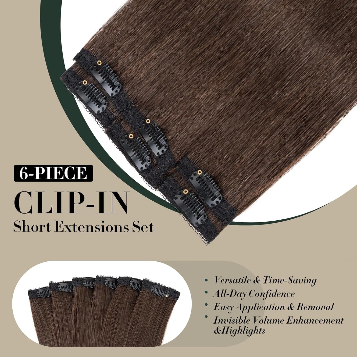Short Clip-In Hair Extensions - Real Human Hair for Volume & Highlights | 10-Inch Dark Brown, 6 Pieces 31g