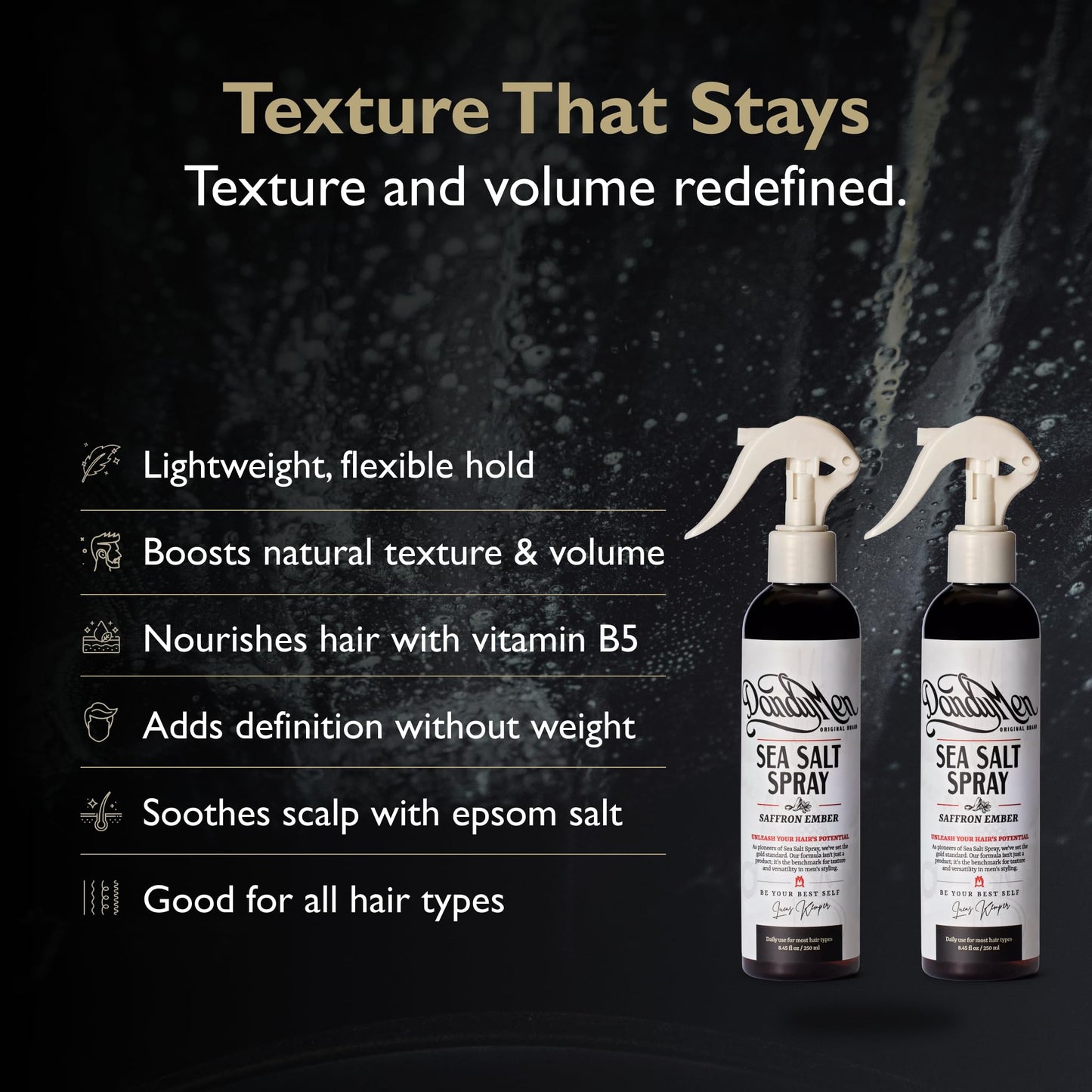 DandyMen Sea Salt Spray for Men – Texturizing & Volumizing Hair Spray for Beachy Waves, Matte Finish - Saffron Ember, 2-pack
